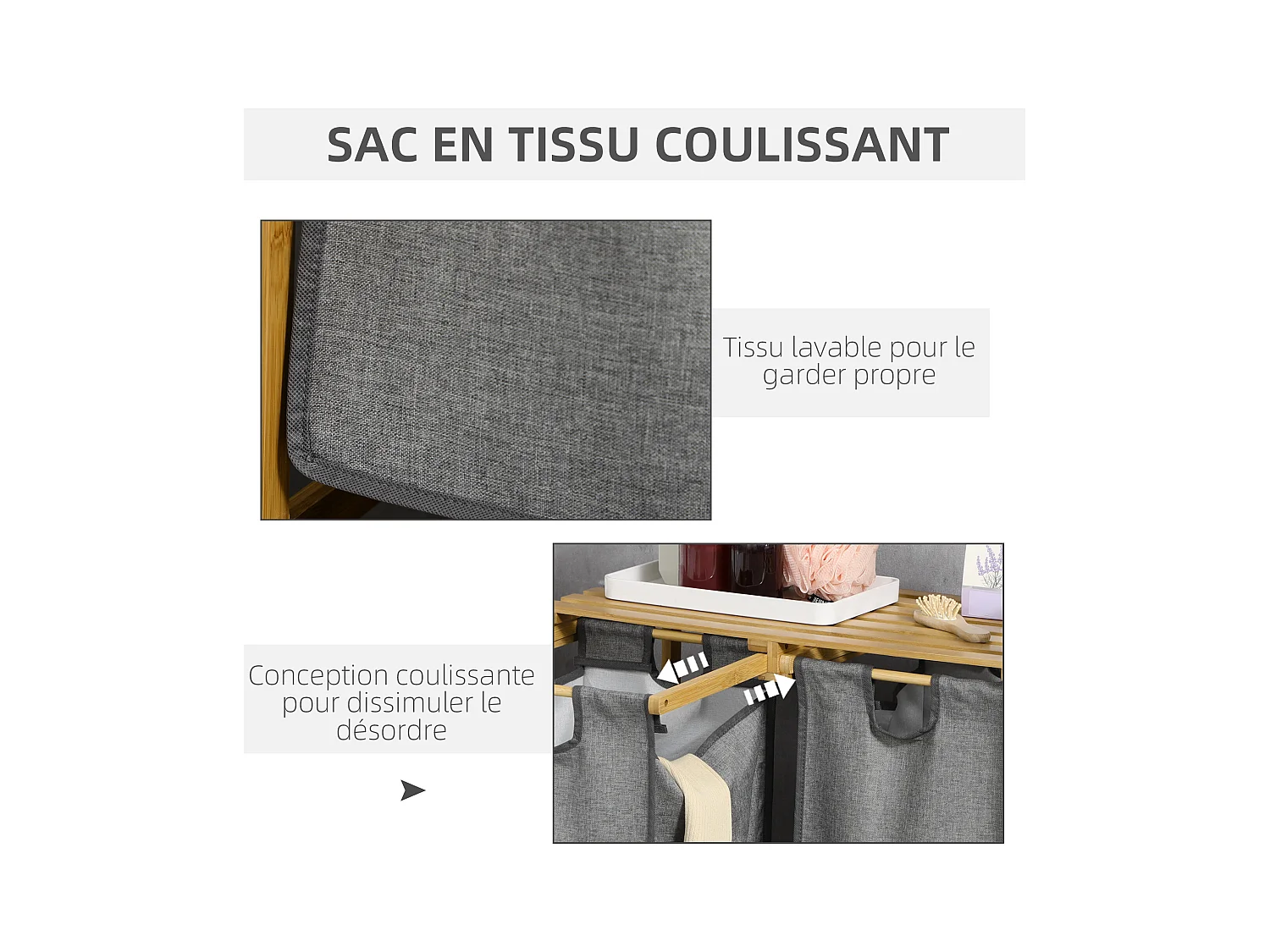 Panier à linge corbeille à linge en bambou 2 paniers amovibles non-tissé gris foncé