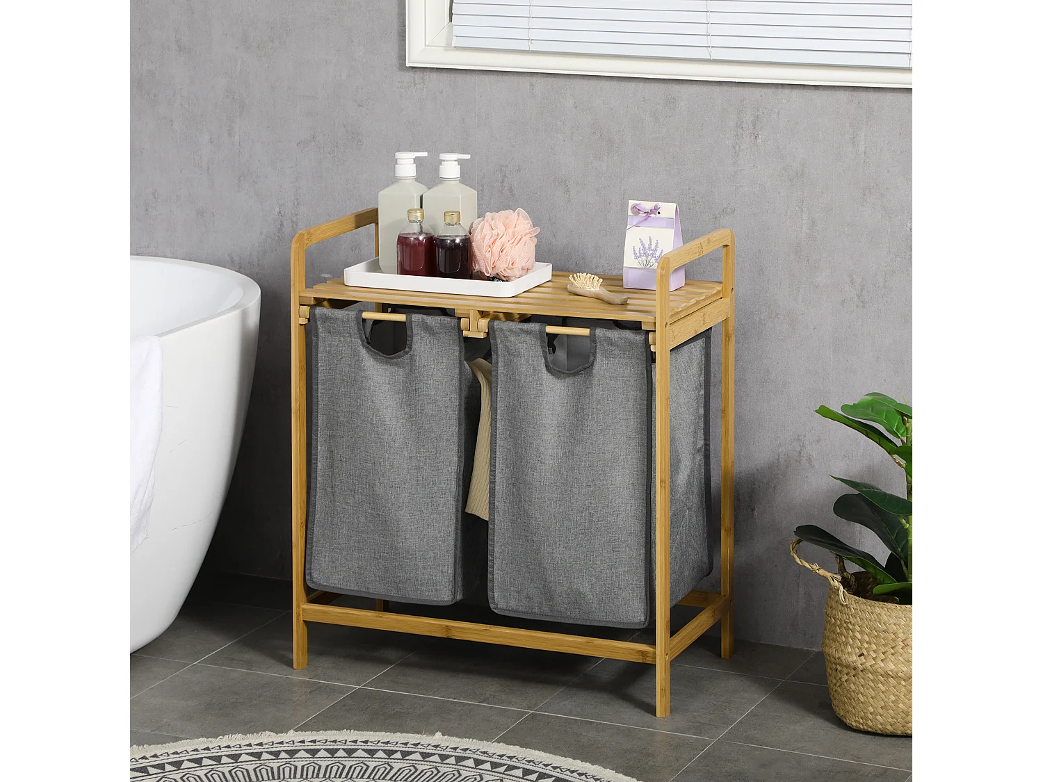 Panier à linge corbeille à linge en bambou 2 paniers amovibles non-tissé gris foncé