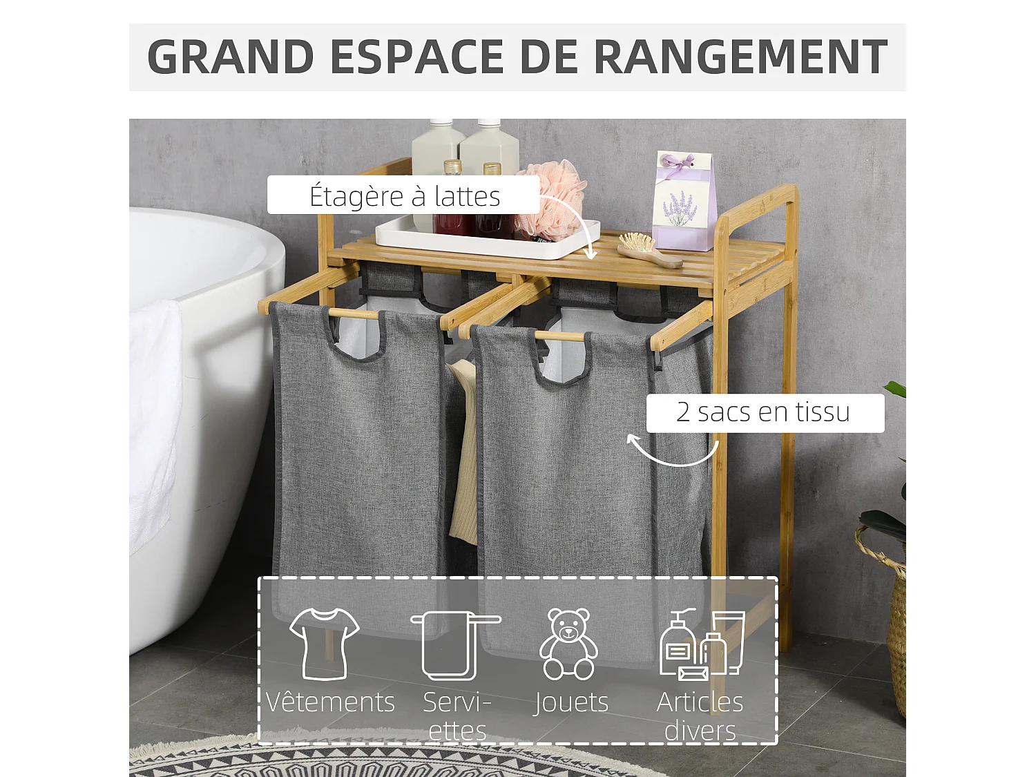 Panier à linge corbeille à linge en bambou 2 paniers amovibles non-tissé gris foncé