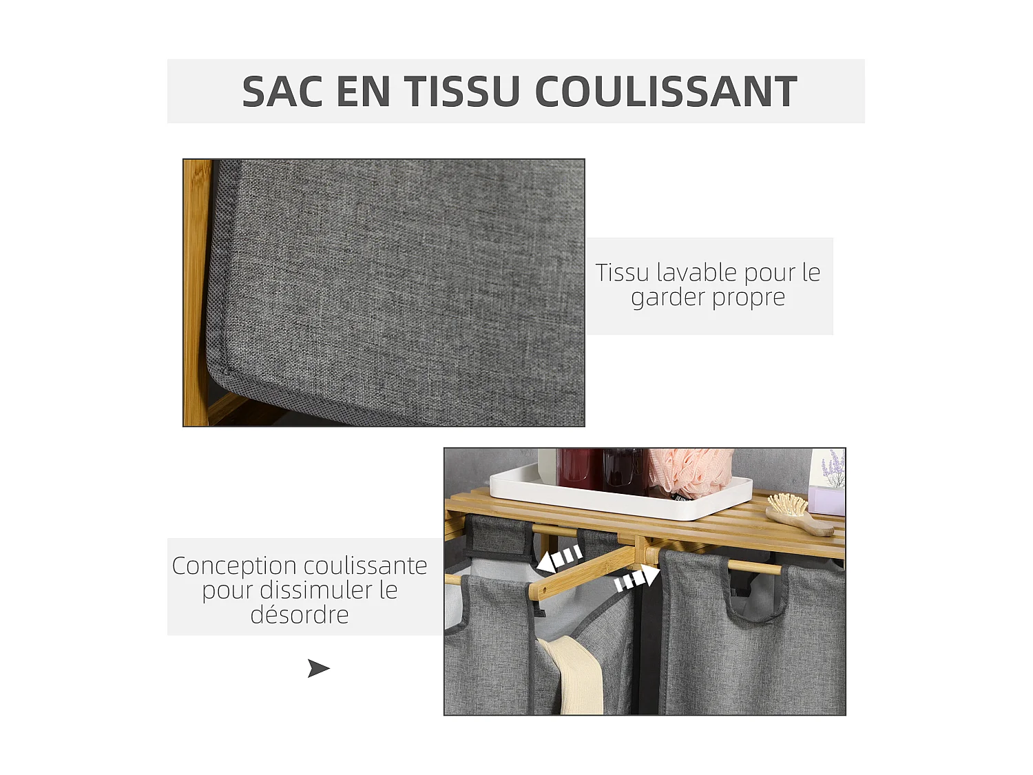 Panier à linge corbeille à linge en bambou 2 paniers amovibles non-tissé gris foncé