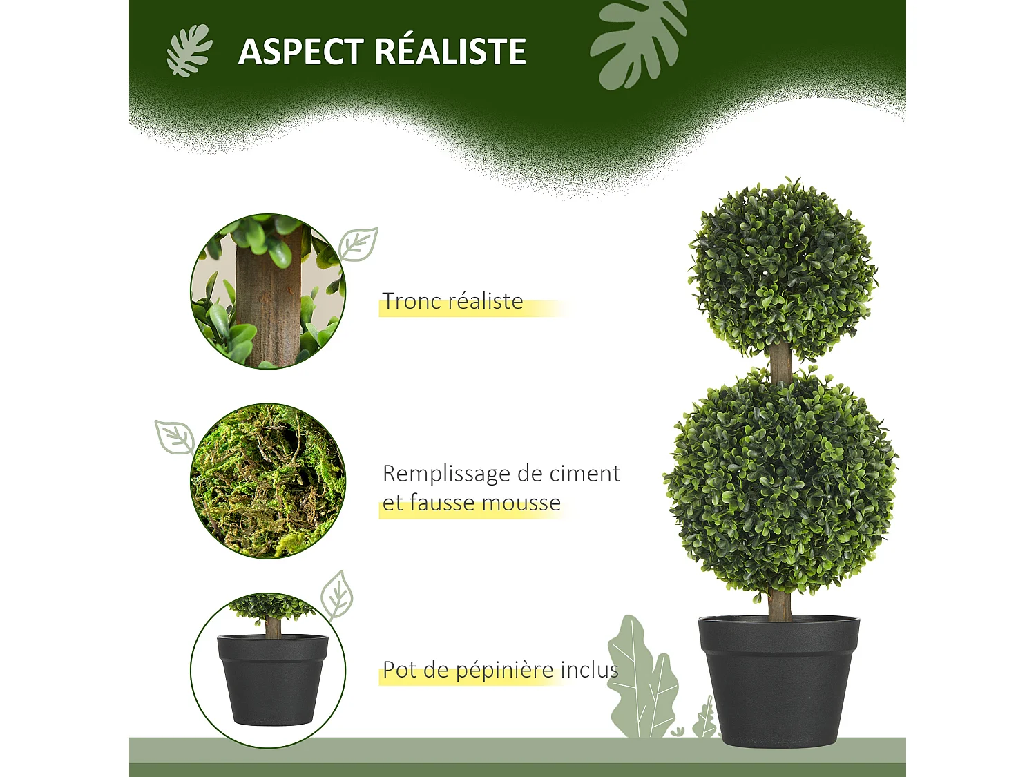 Lot de 2 arbres buis artificiel double boules avec tronc et pot inclus - H.60 cm PE vert