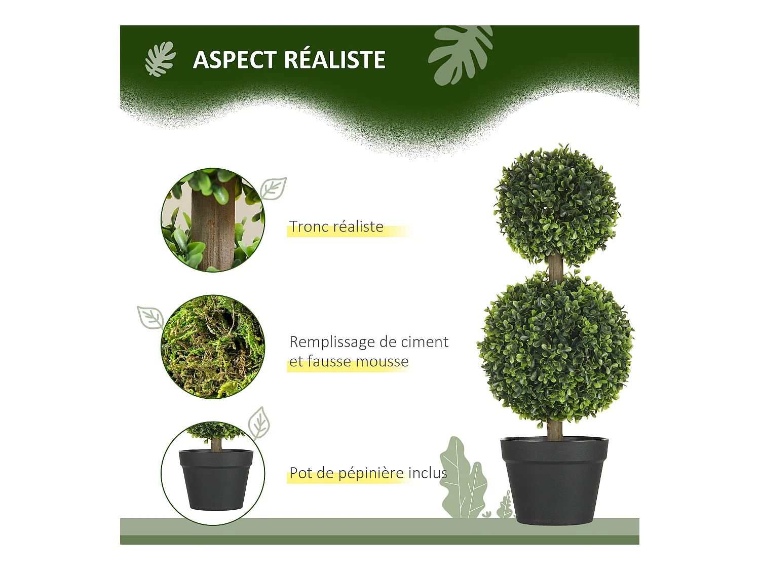 Lot de 2 arbres buis artificiel double boules avec tronc et pot inclus - H.60 cm PE vert