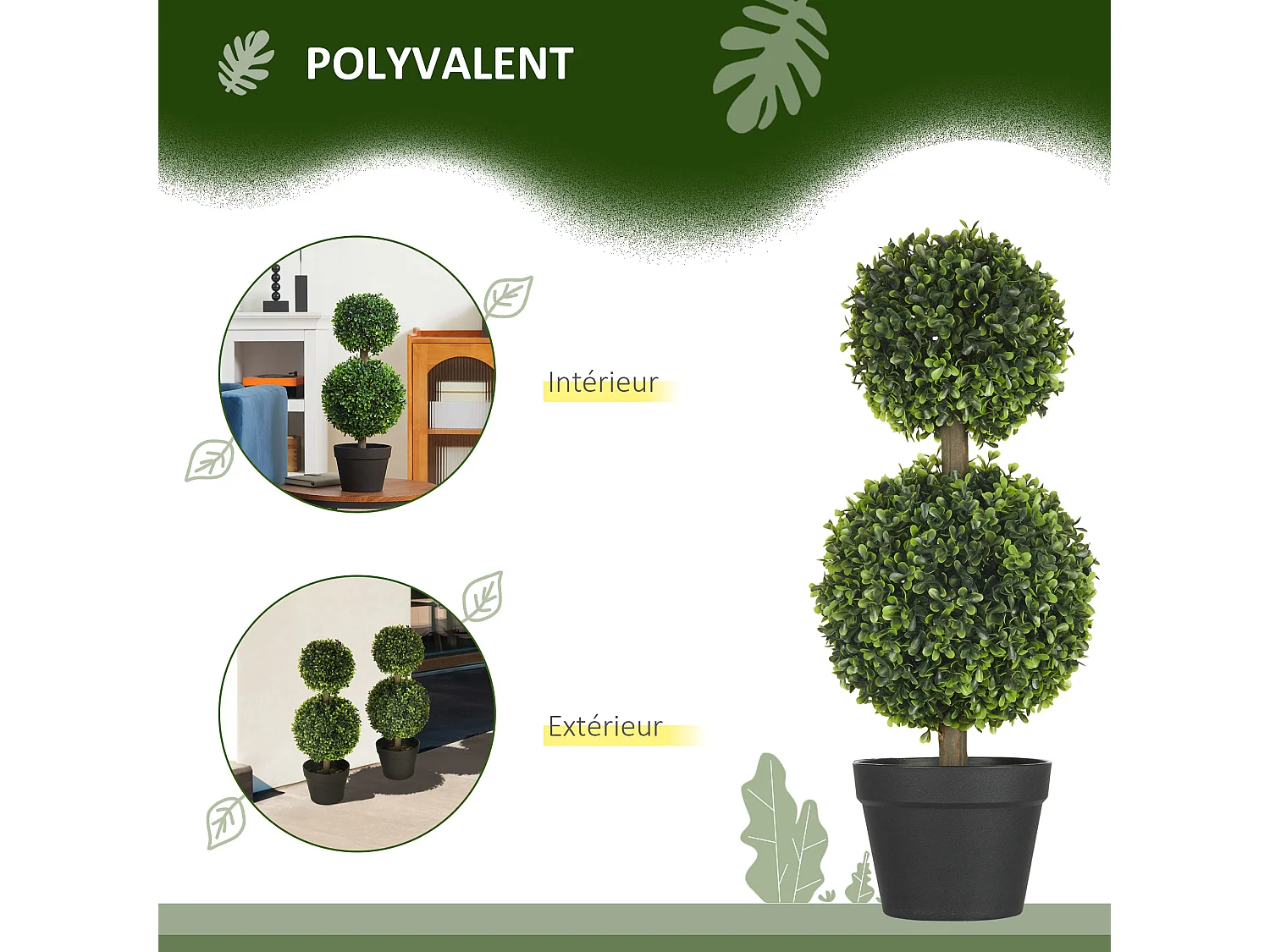 Lot de 2 arbres buis artificiel double boules avec tronc et pot inclus - H.60 cm PE vert