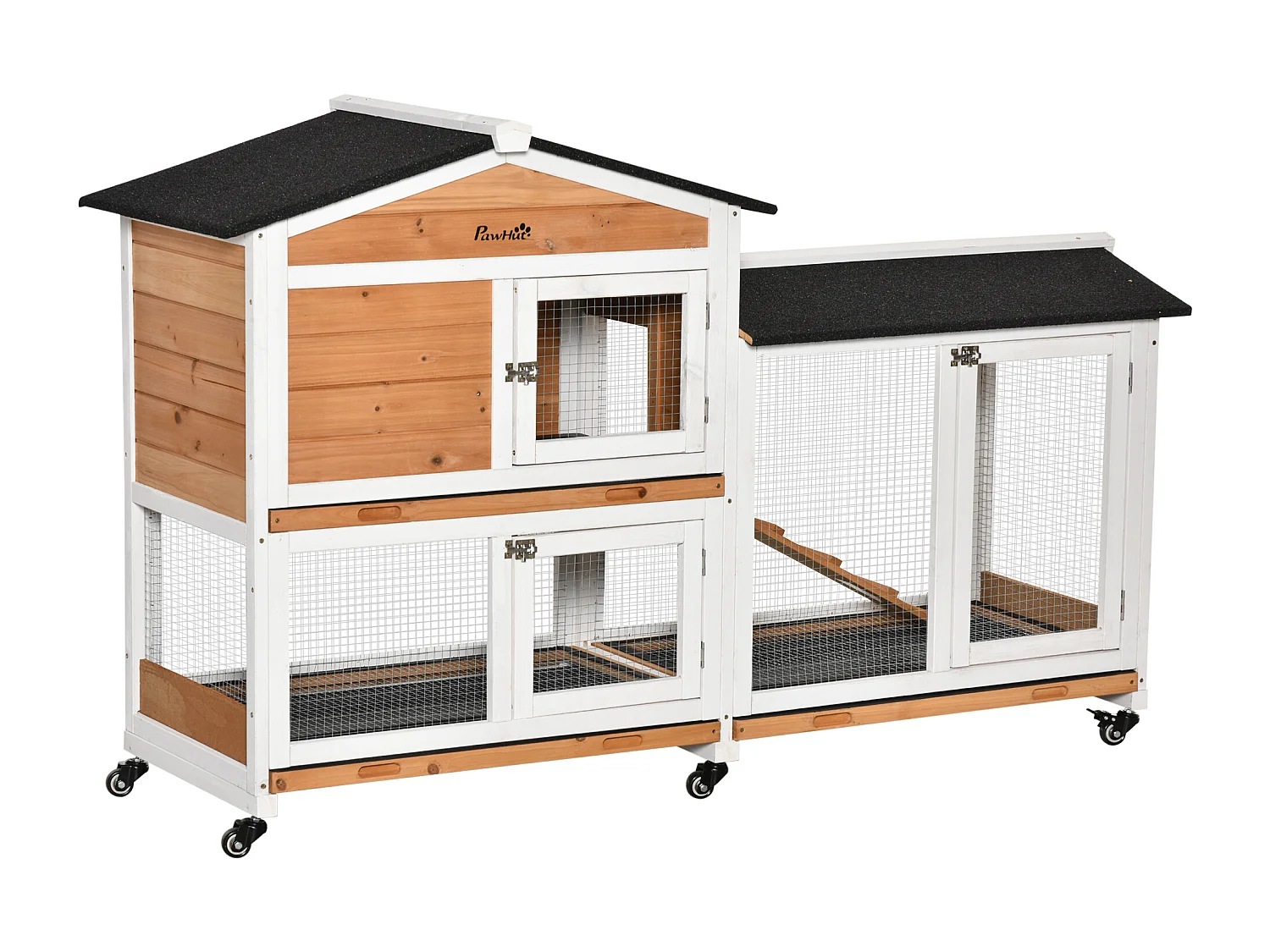 Clapier bois sur roulettes 2 niv. 3 plateaux déjections coulissants sapin blanc pré-huilé