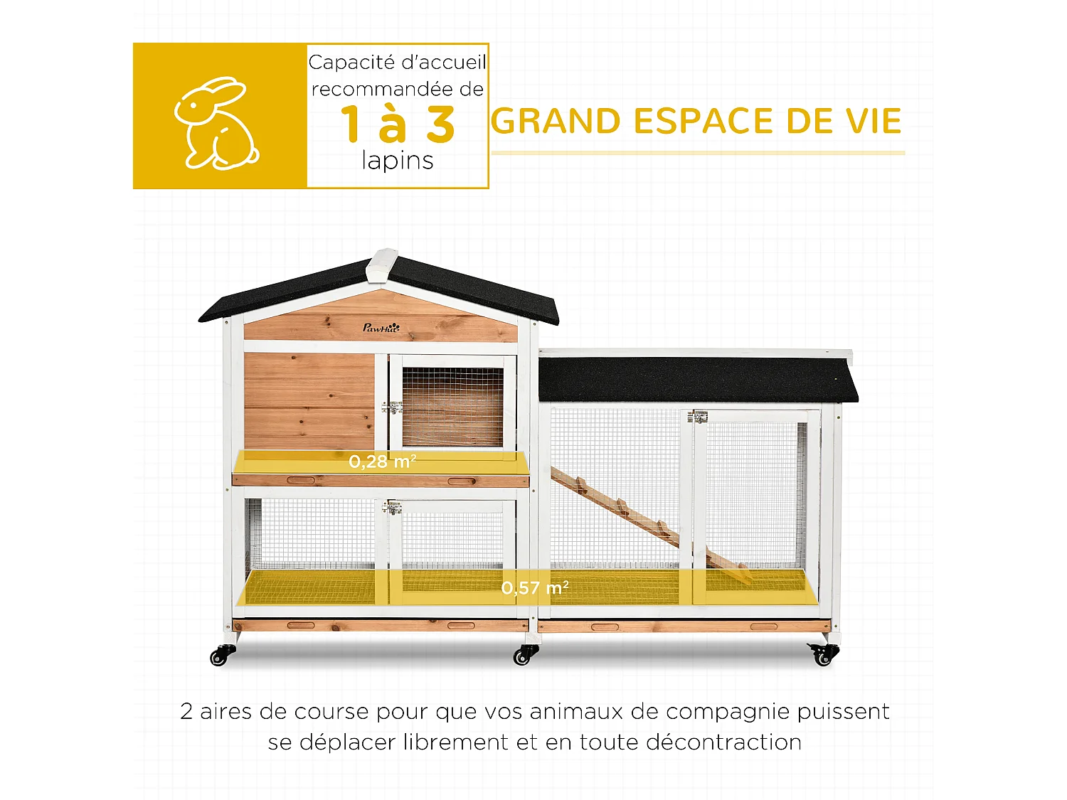 Clapier bois sur roulettes 2 niv. 3 plateaux déjections coulissants sapin blanc pré-huilé