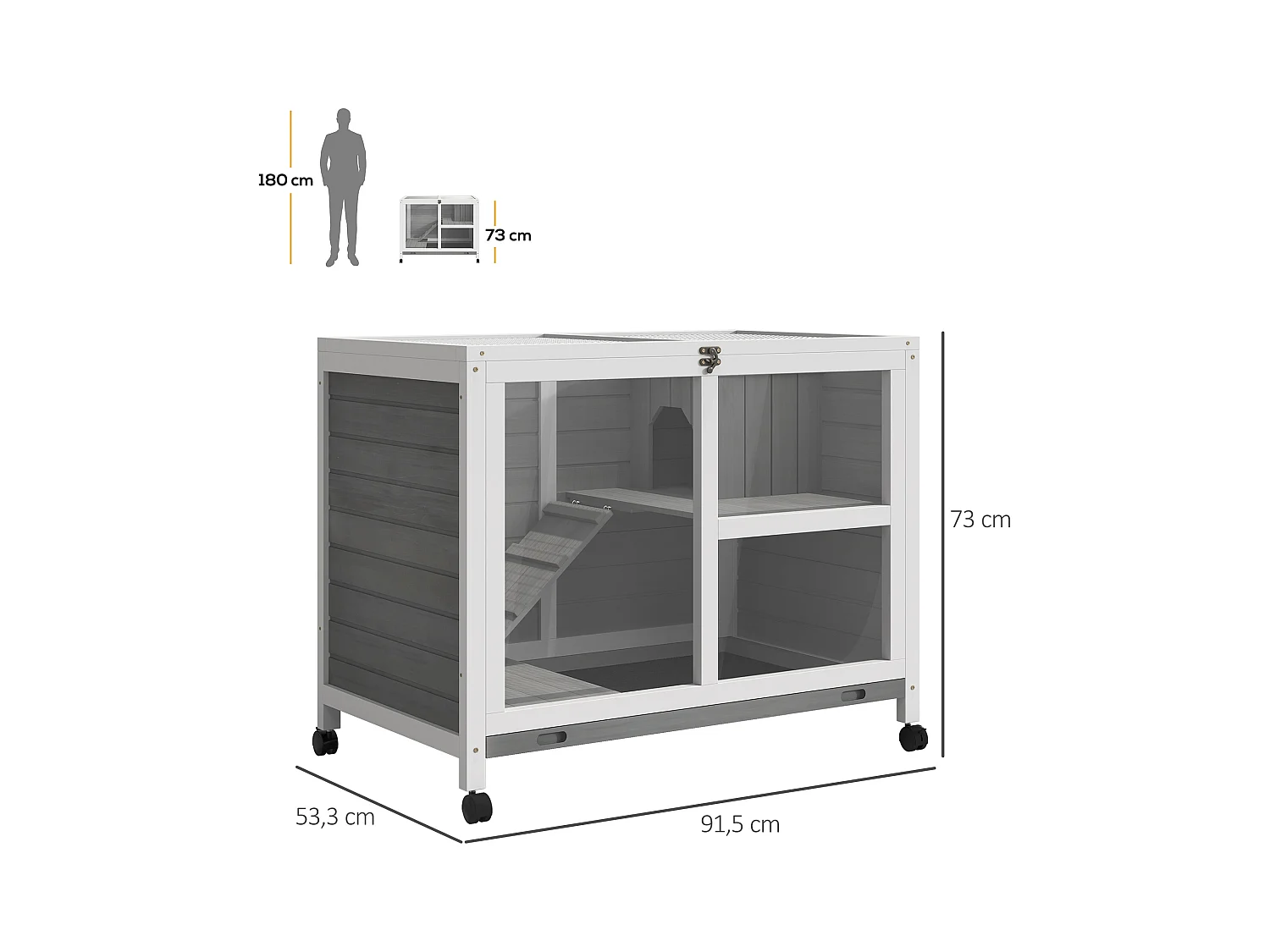 Clapier à lapin sur roulettes cage à lapin 2 niveaux toit ouvrant verrouillable plateau déjection coulissant rampe niche bois de sapin gris blanc
