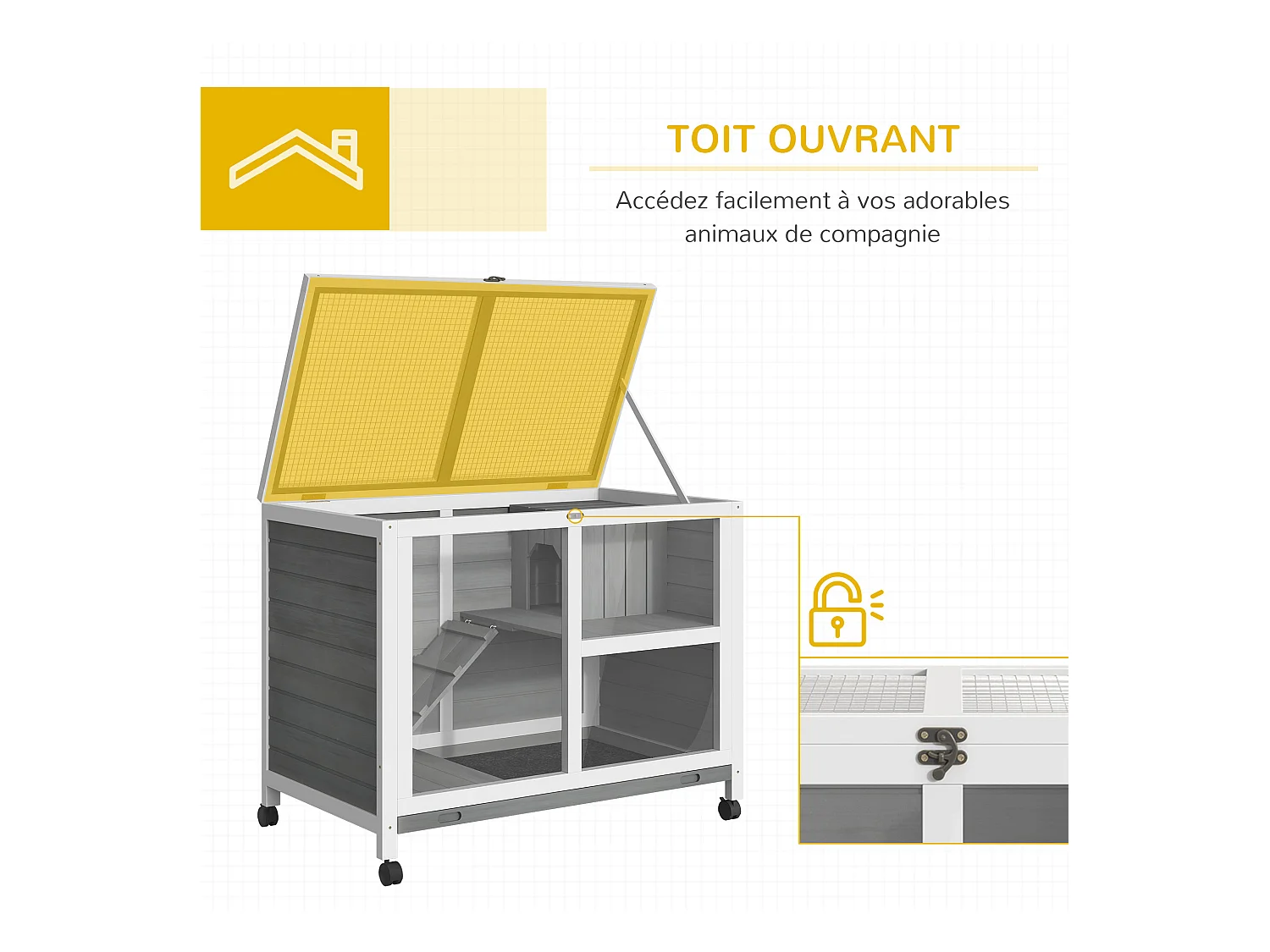 Clapier à lapin sur roulettes cage à lapin 2 niveaux toit ouvrant verrouillable plateau déjection coulissant rampe niche bois de sapin gris blanc