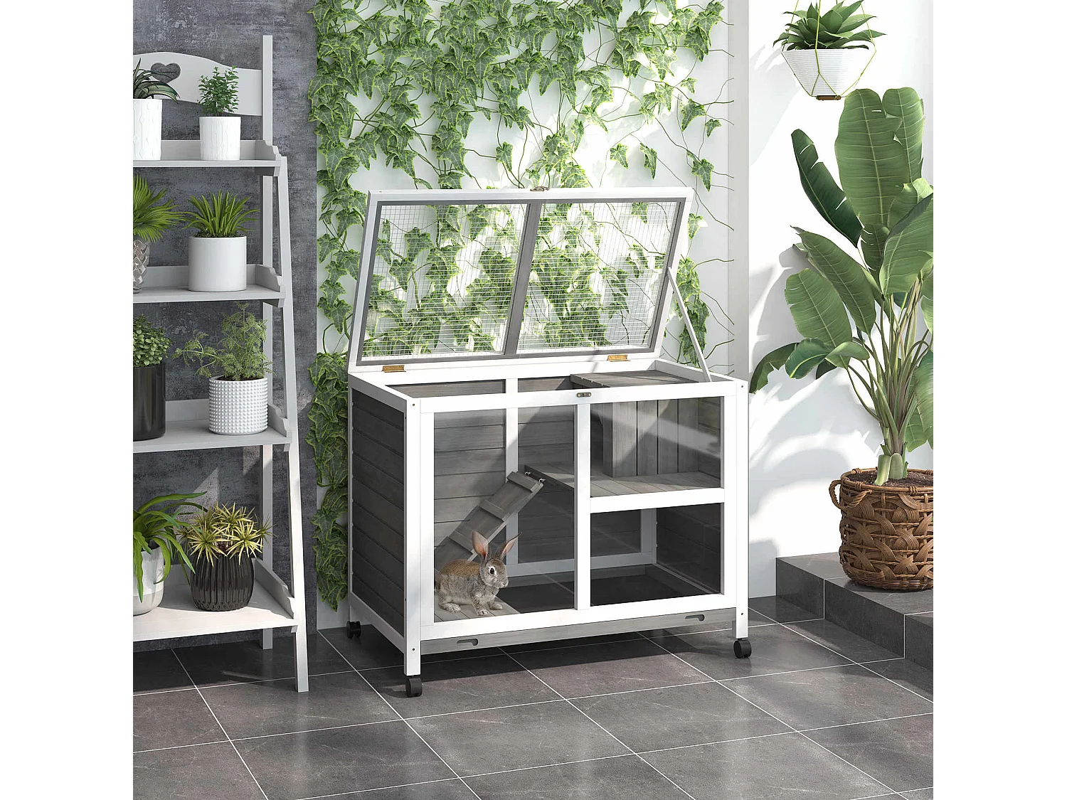 Clapier à lapin sur roulettes cage à lapin 2 niveaux toit ouvrant verrouillable plateau déjection coulissant rampe niche bois de sapin gris blanc
