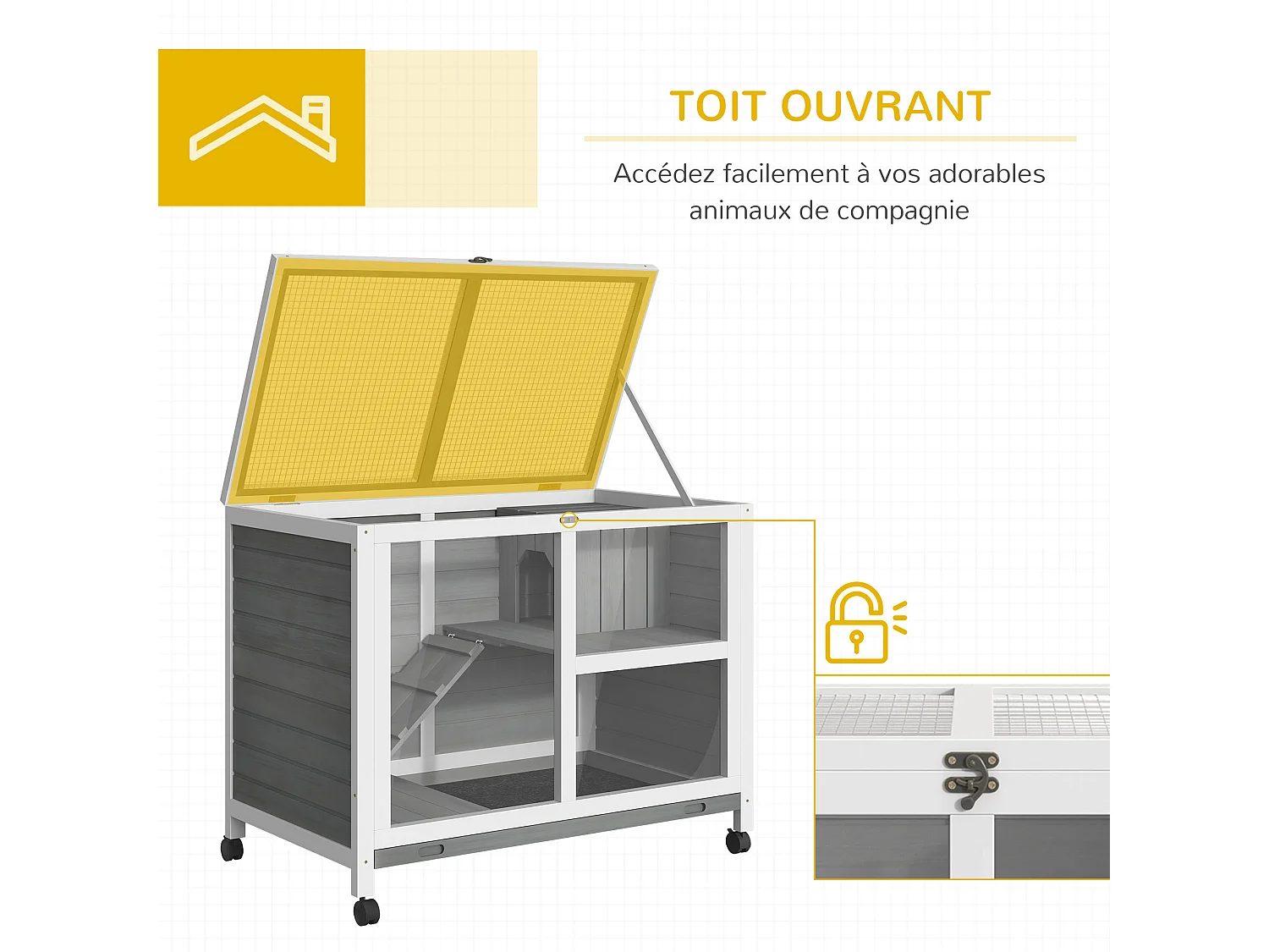 Clapier à lapin sur roulettes cage à lapin 2 niveaux toit ouvrant verrouillable plateau déjection coulissant rampe niche bois de sapin gris blanc