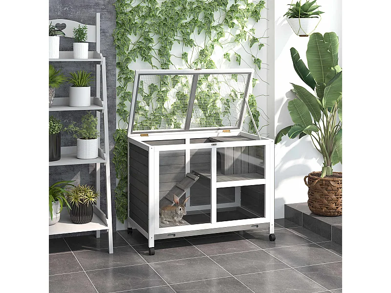 Clapier à lapin sur roulettes cage à lapin 2 niveaux toit ouvrant verrouillable plateau déjection coulissant rampe niche bois de sapin gris blanc