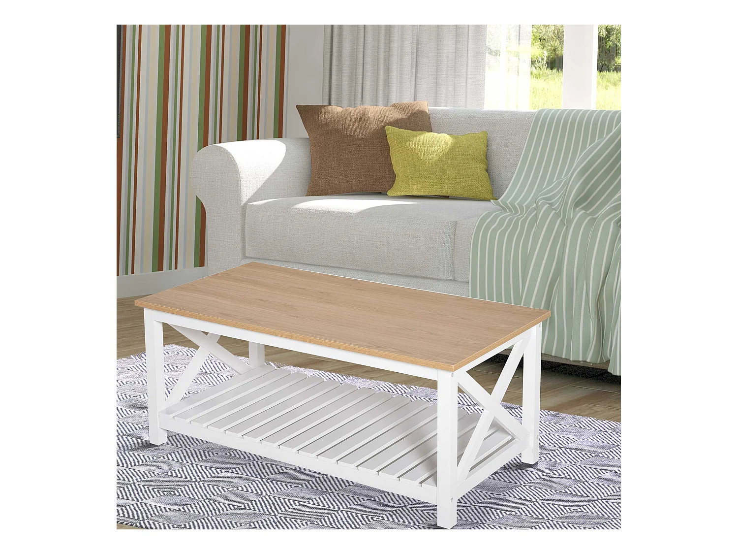 Table basse rectangulaire dim. 116L x 60l x 48H cm étagère à lattes plateau imitation chêne clair MDF blanc