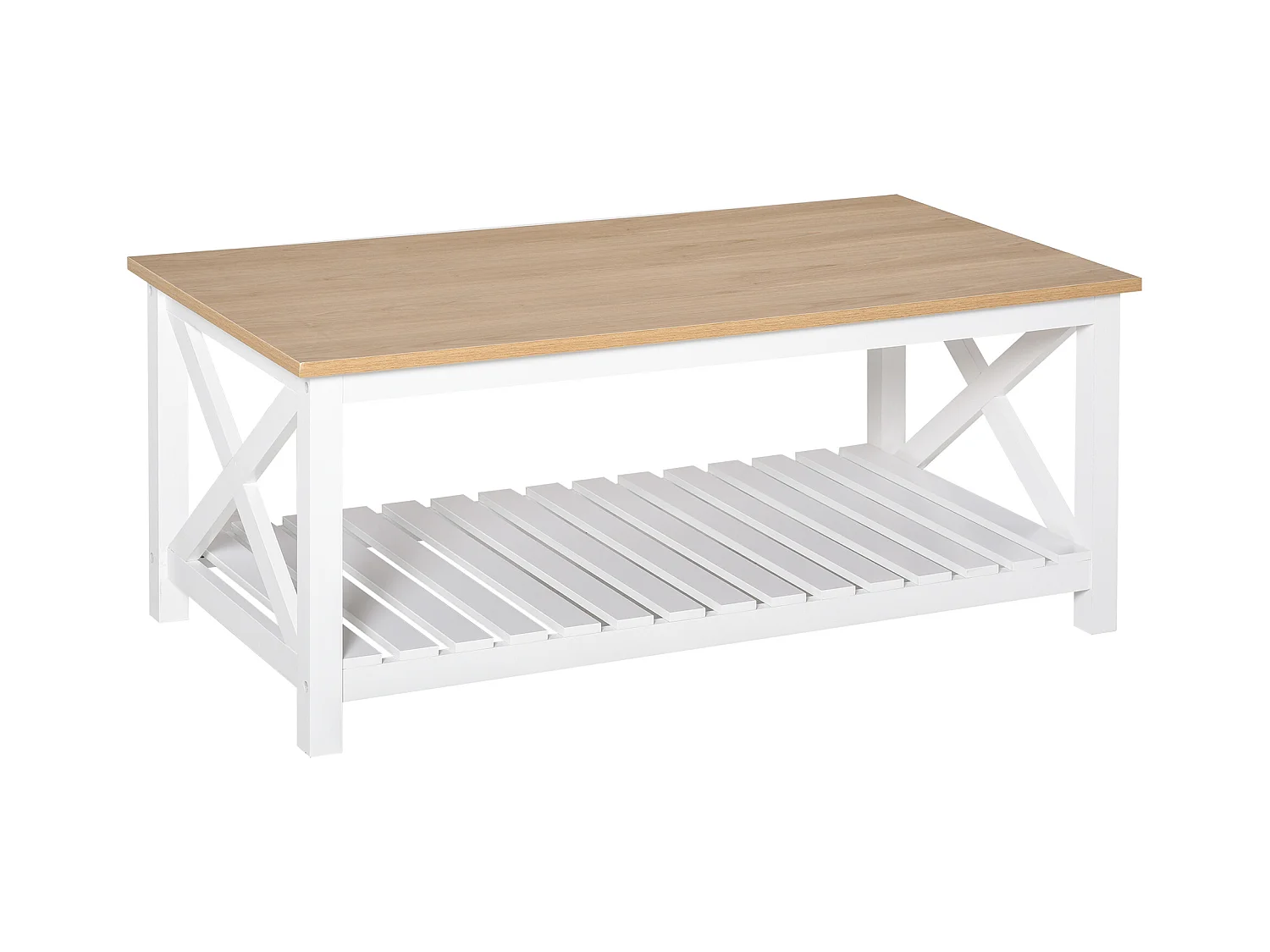 Table basse rectangulaire dim. 116L x 60l x 48H cm étagère à lattes plateau imitation chêne clair MDF blanc