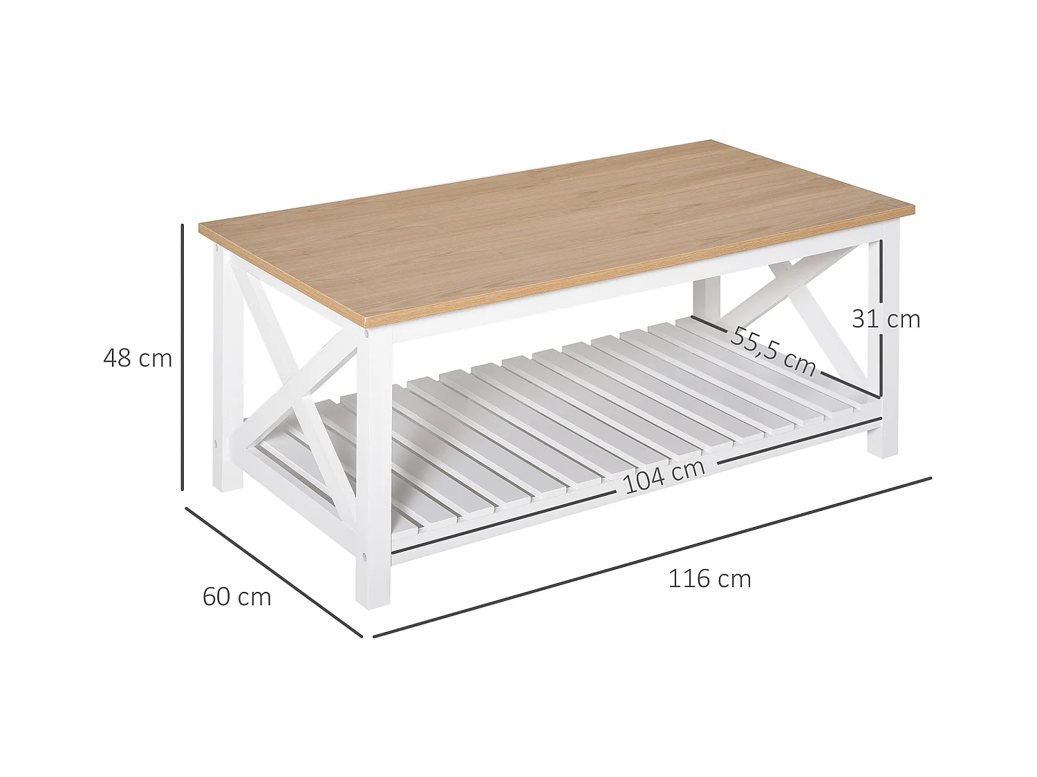 Table basse rectangulaire dim. 116L x 60l x 48H cm étagère à lattes plateau imitation chêne clair MDF blanc