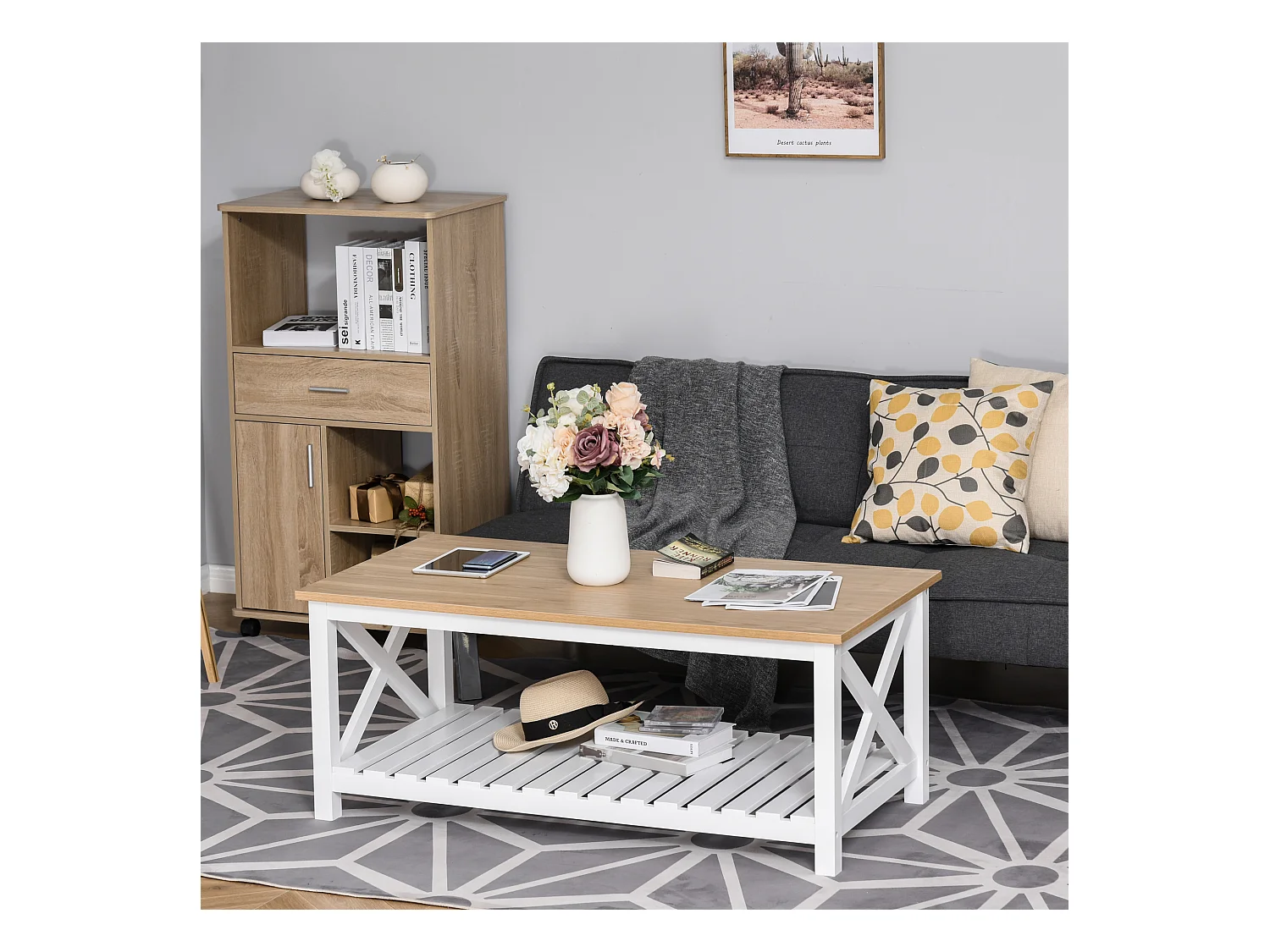 Table basse rectangulaire dim. 116L x 60l x 48H cm étagère à lattes plateau imitation chêne clair MDF blanc