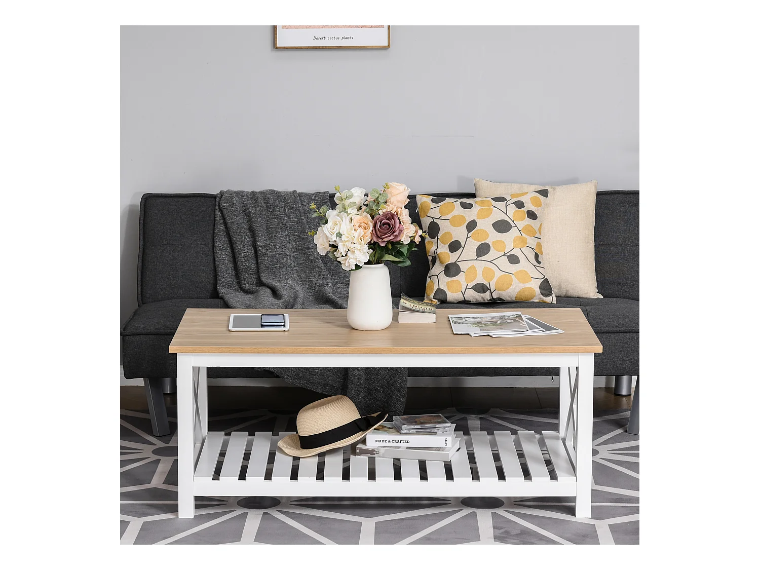 Table basse rectangulaire dim. 116L x 60l x 48H cm étagère à lattes plateau imitation chêne clair MDF blanc