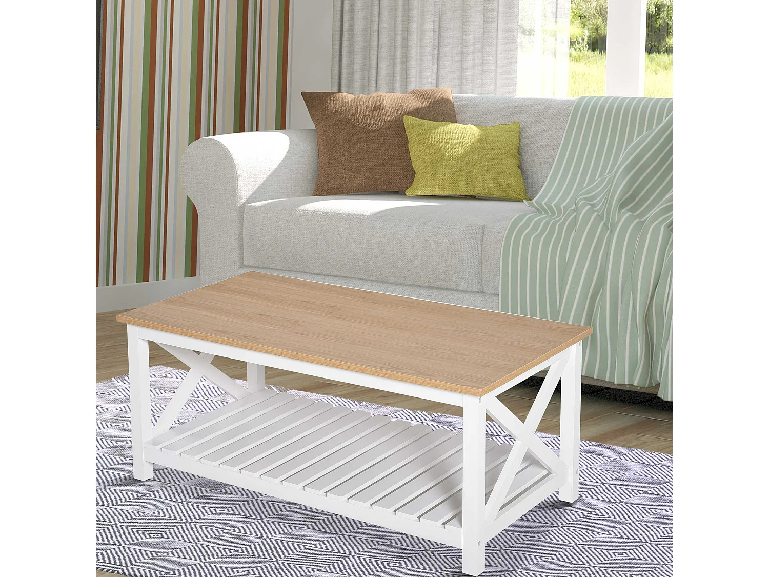 Table basse rectangulaire dim. 116L x 60l x 48H cm étagère à lattes plateau imitation chêne clair MDF blanc
