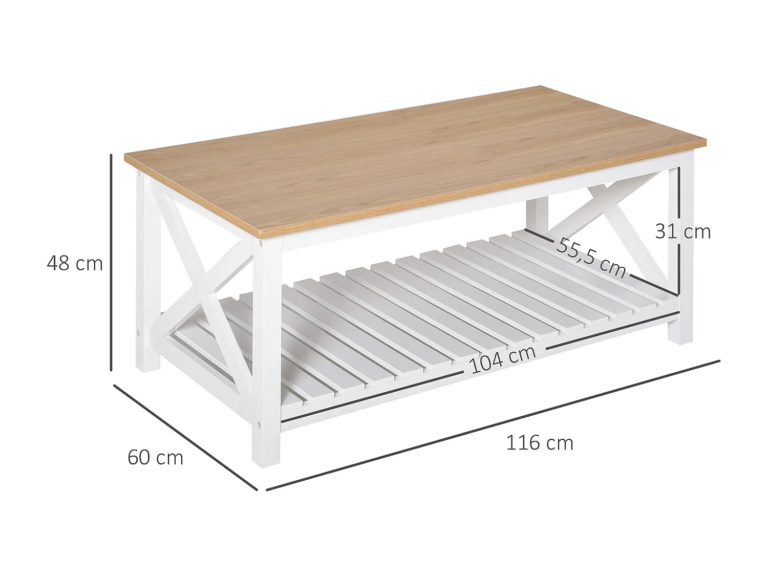 Table basse rectangulaire dim. 116L x 60l x 48H cm étagère à lattes plateau imitation chêne clair MDF blanc