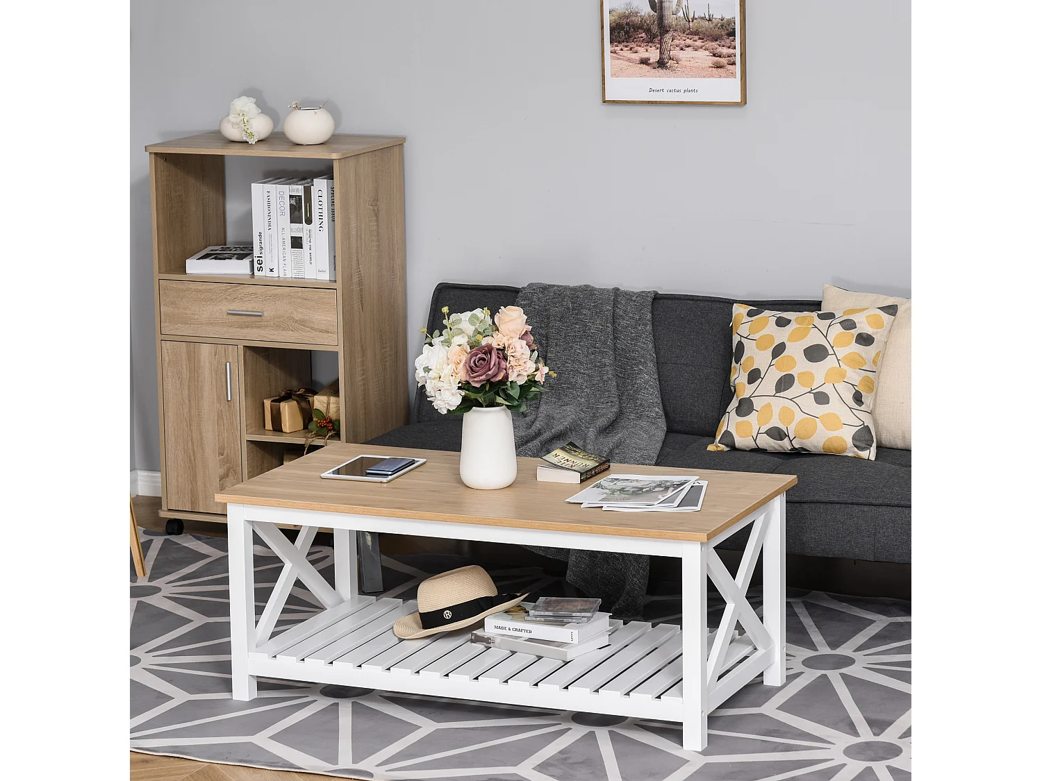 Table basse rectangulaire dim. 116L x 60l x 48H cm étagère à lattes plateau imitation chêne clair MDF blanc