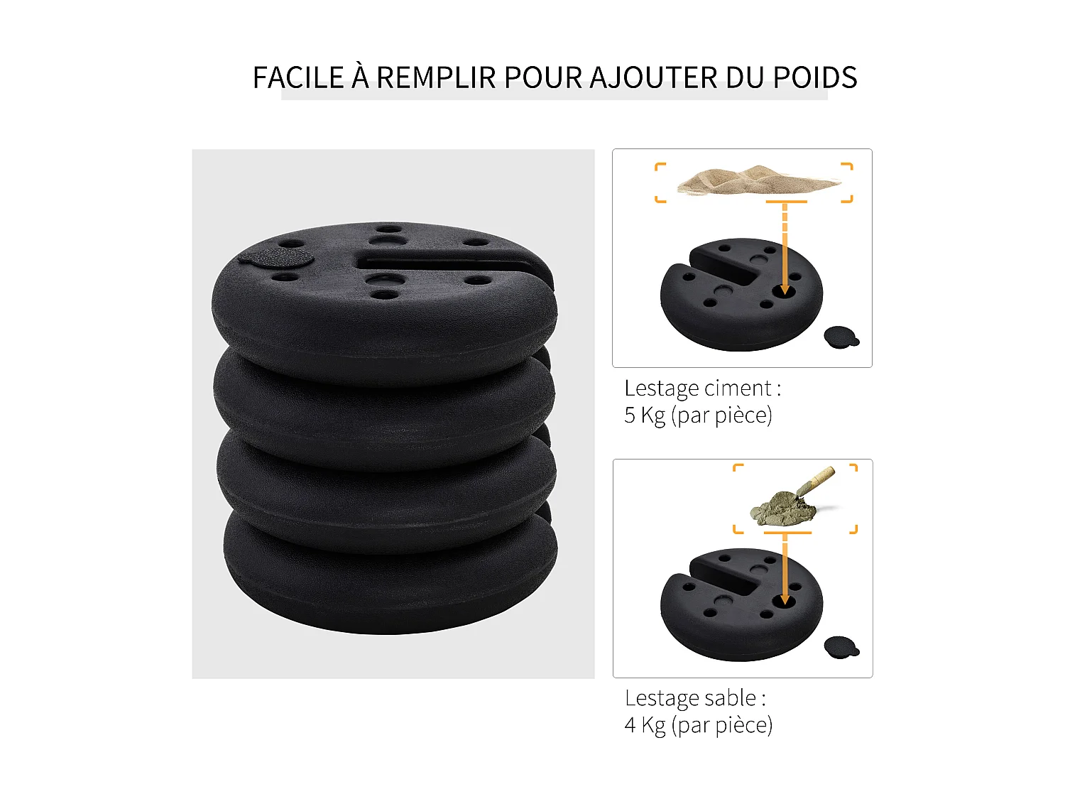 Lot de 4 poids de lestage rond pour tonnelle barnum tente dim. Ø 25 x 6H cm HDPE noir