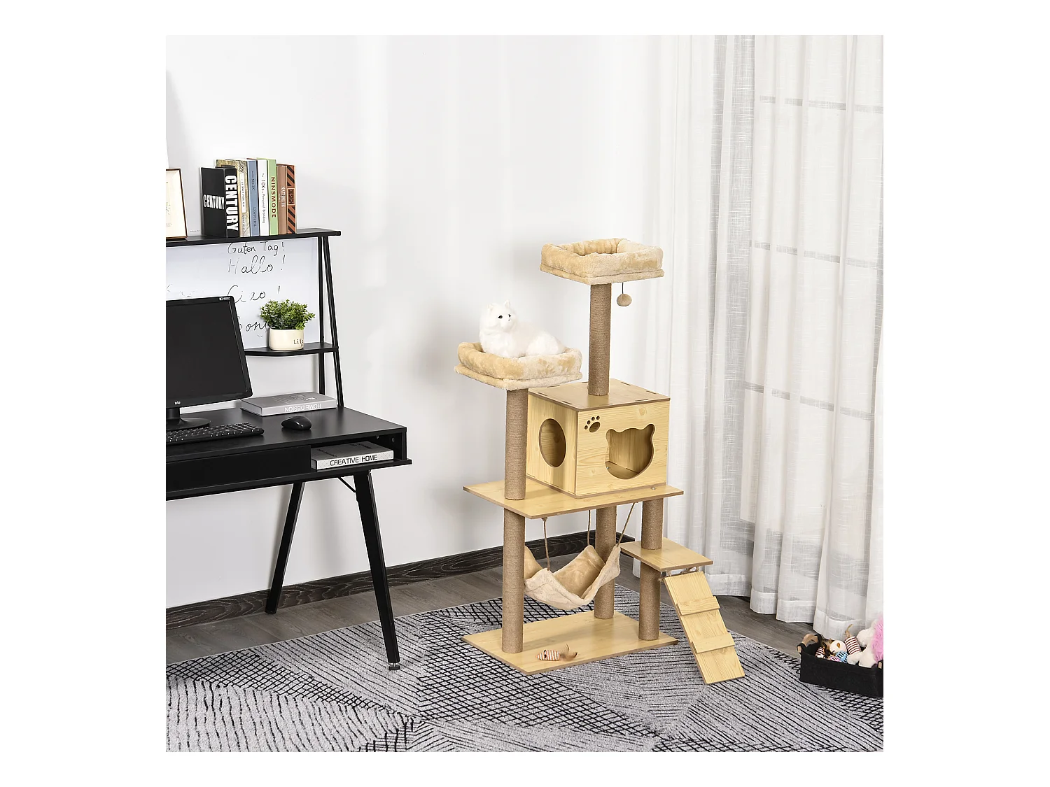 Arbre à chats design contemporain griffoirs grattoirs sisal naturel niche plate-formes hamac boule panneaux particules beige