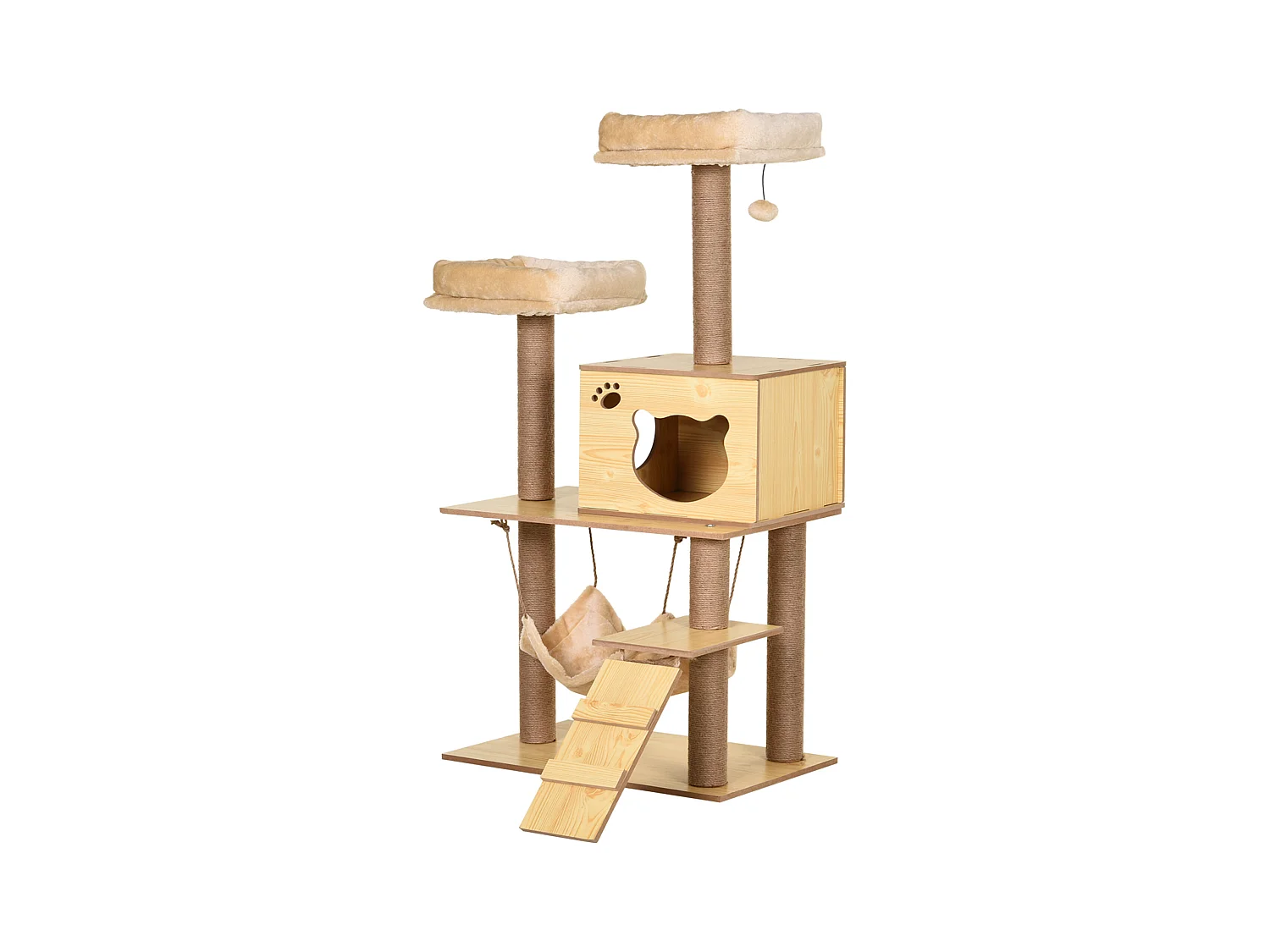 Arbre à chats design contemporain griffoirs grattoirs sisal naturel niche plate-formes hamac boule panneaux particules beige