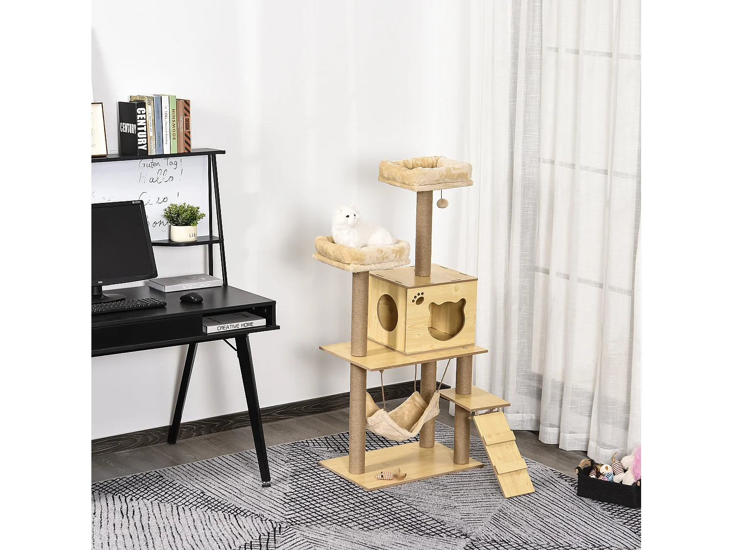 Arbre à chats design contemporain griffoirs grattoirs sisal naturel niche plate-formes hamac boule panneaux particules beige