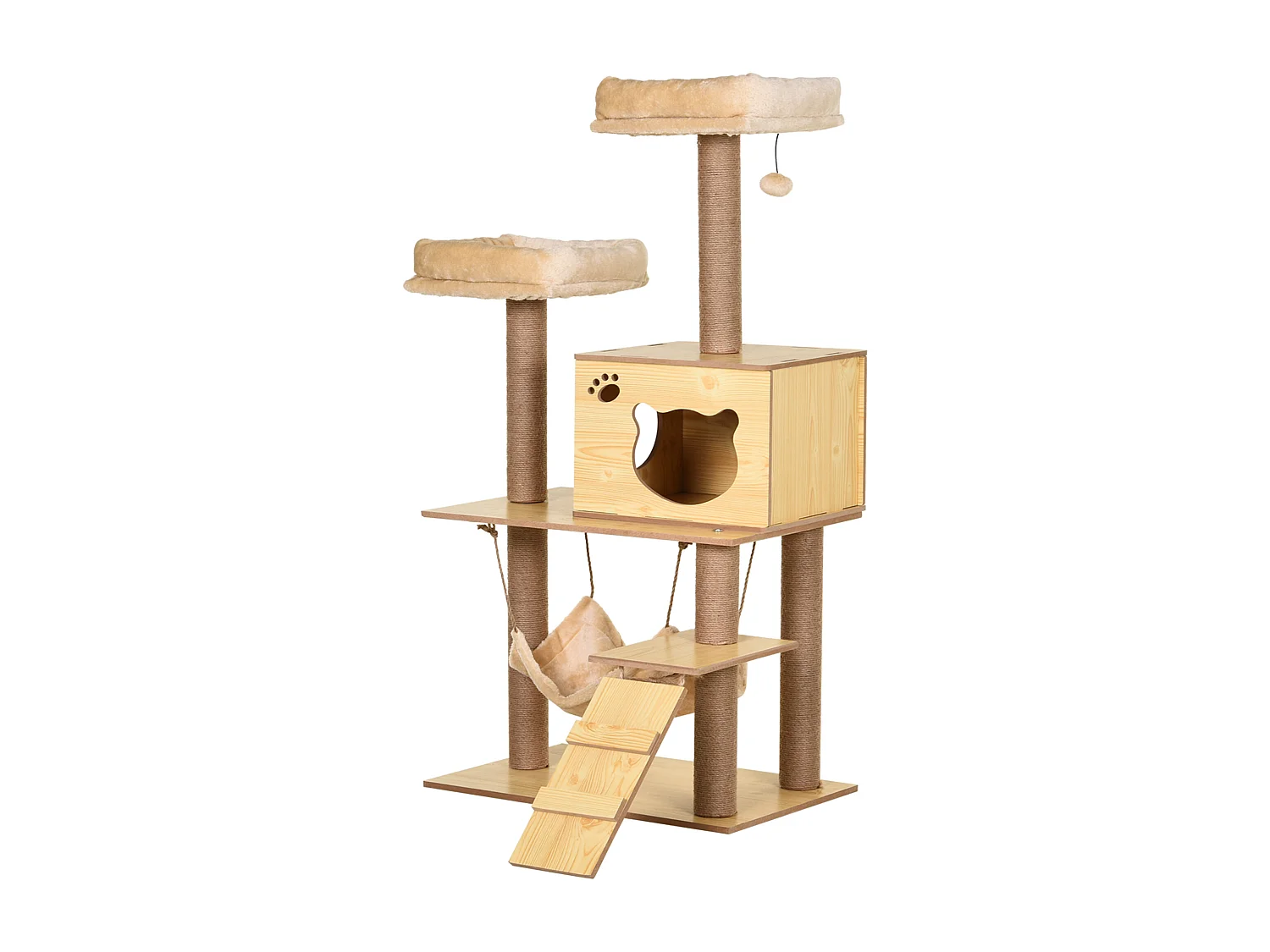 Arbre à chats design contemporain griffoirs grattoirs sisal naturel niche plate-formes hamac boule panneaux particules beige