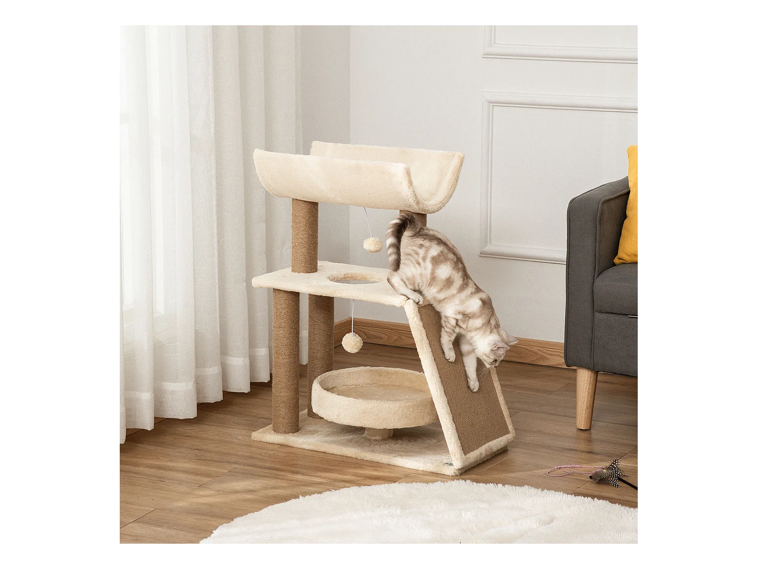 Arbre à chat griffoirs grattoir jeu boules suspendues plateformes ronde, rectangulaire et demi-cylindrique peluche jute naturelle beige