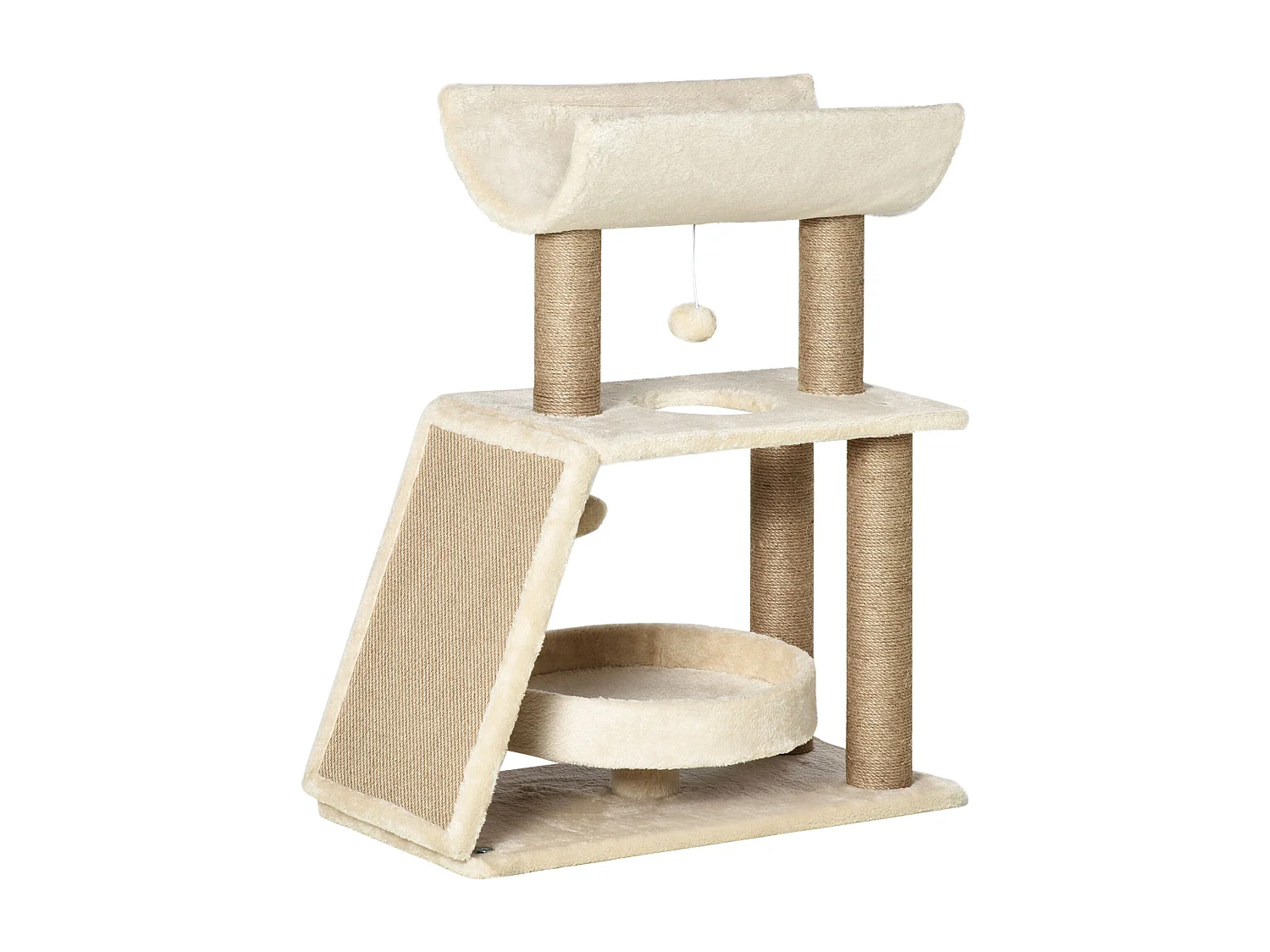 Arbre à chat griffoirs grattoir jeu boules suspendues plateformes ronde, rectangulaire et demi-cylindrique peluche jute naturelle beige