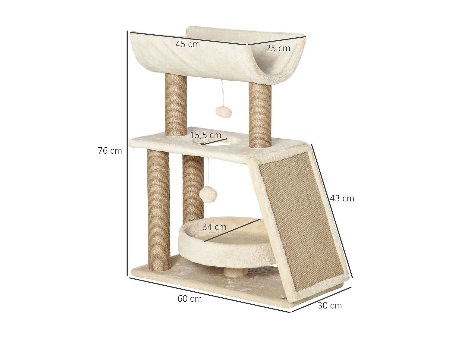 Arbre à chat griffoirs grattoir jeu boules suspendues plateformes ronde, rectangulaire et demi-cylindrique peluche jute naturelle beige