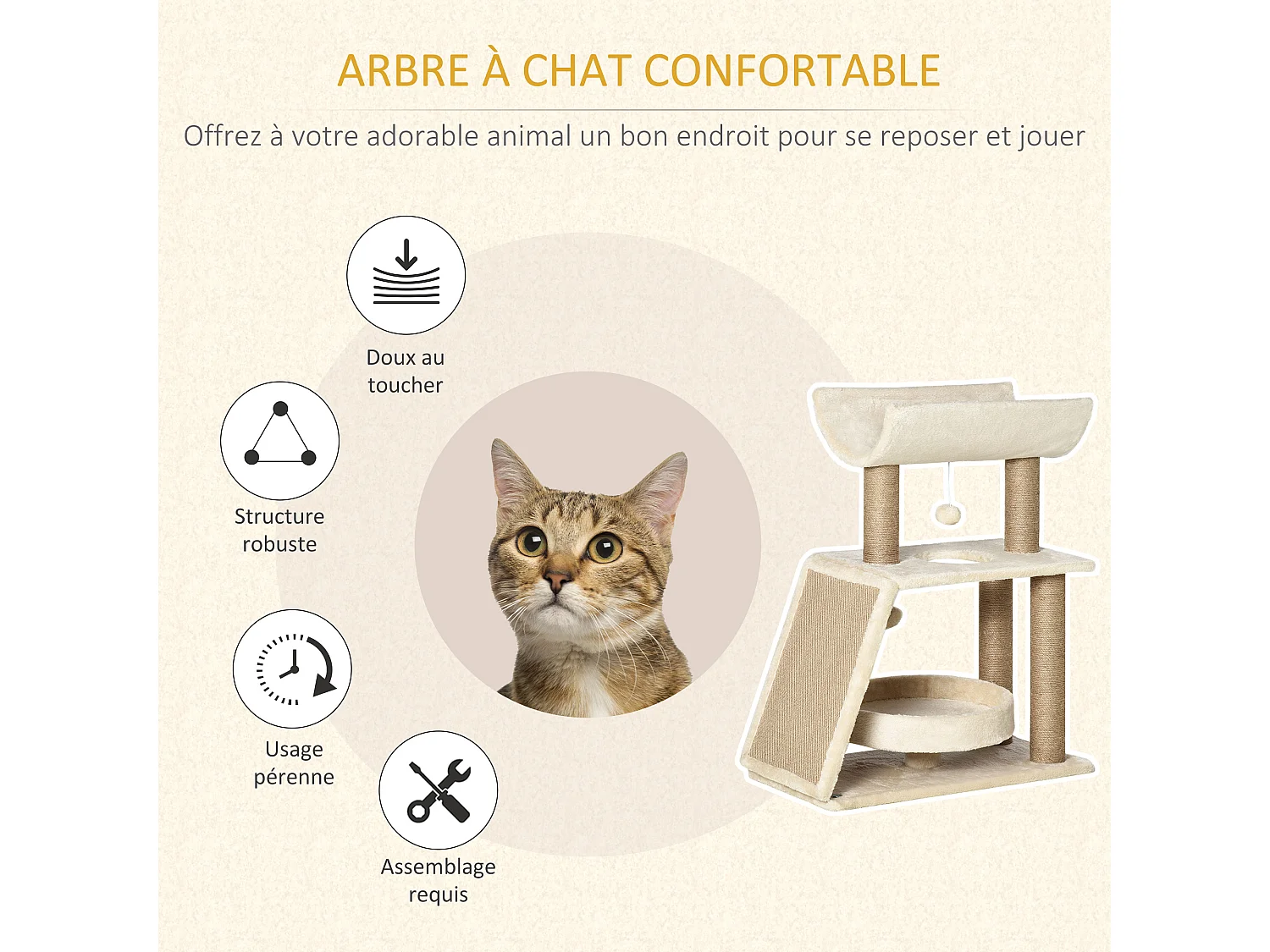 Arbre à chat griffoirs grattoir jeu boules suspendues plateformes ronde, rectangulaire et demi-cylindrique peluche jute naturelle beige