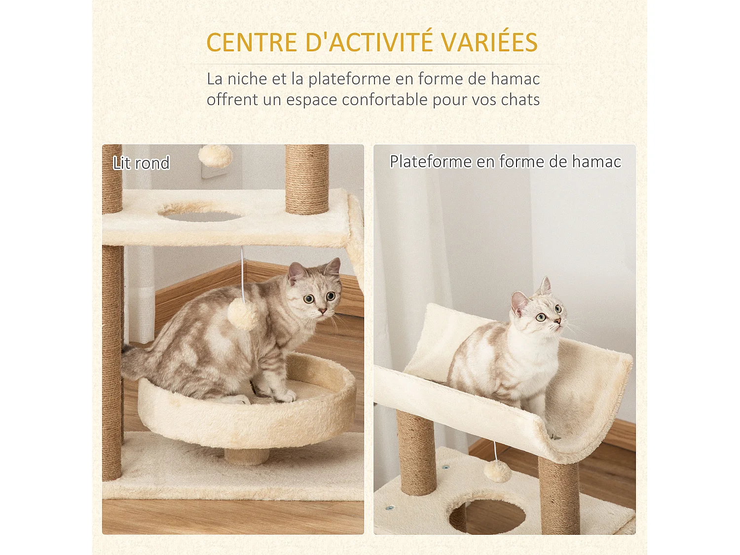 Arbre à chat griffoirs grattoir jeu boules suspendues plateformes ronde, rectangulaire et demi-cylindrique peluche jute naturelle beige