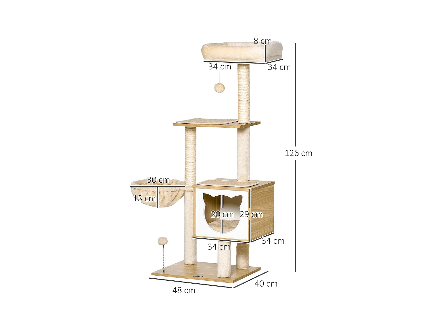 Arbre à chat multi-équipement griffoirs grattoirs niche hamac panier coussins amovibles H126 cm peluche courte sisal naturel beige