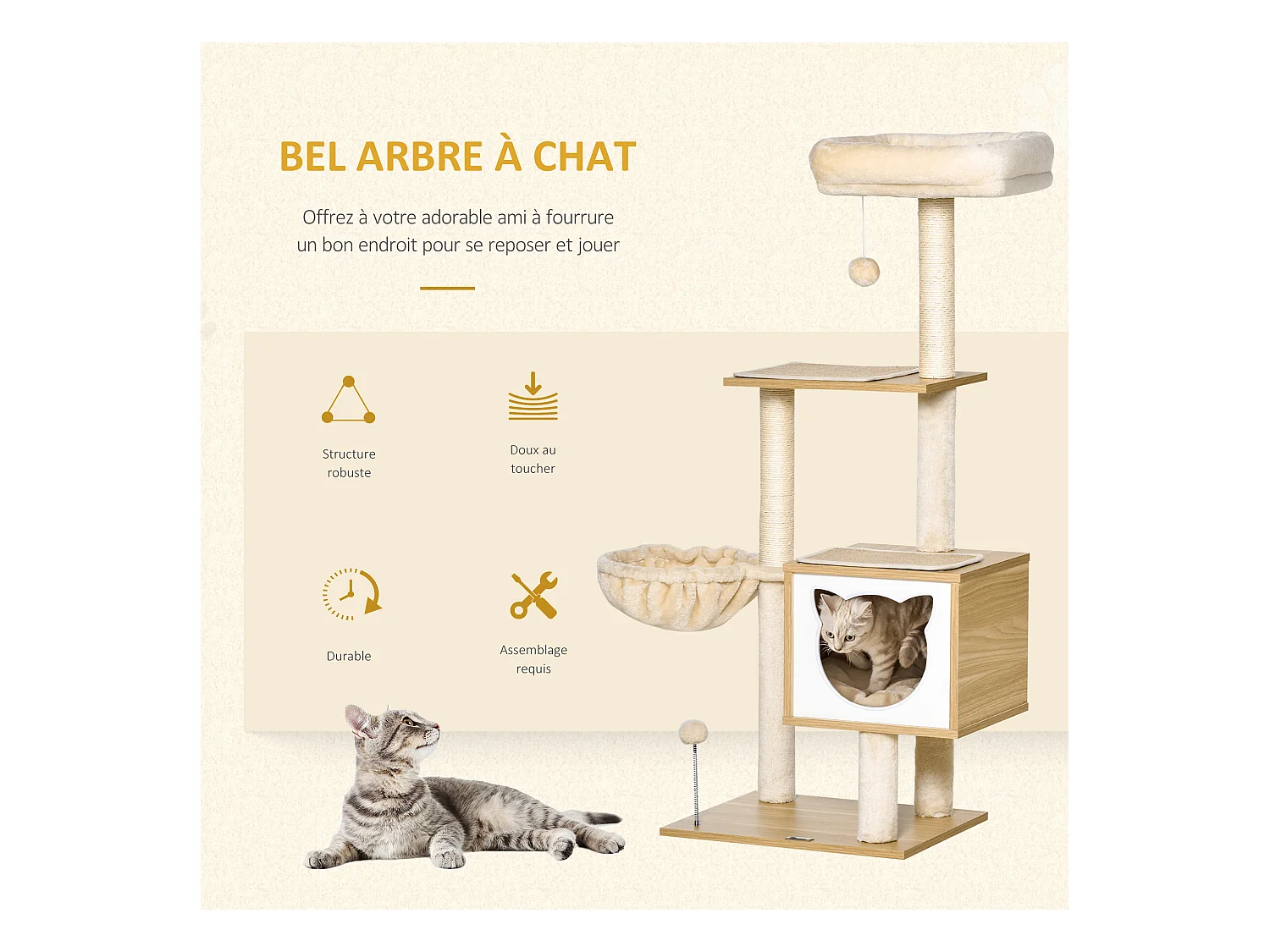 Arbre à chat multi-équipement griffoirs grattoirs niche hamac panier coussins amovibles H126 cm peluche courte sisal naturel beige