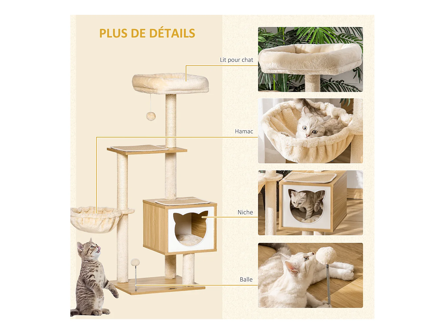 Arbre à chat multi-équipement griffoirs grattoirs niche hamac panier coussins amovibles H126 cm peluche courte sisal naturel beige