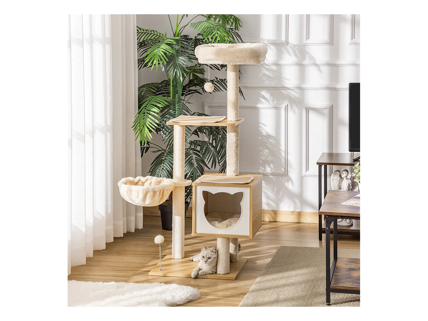 Arbre à chat multi-équipement griffoirs grattoirs niche hamac panier coussins amovibles H126 cm peluche courte sisal naturel beige