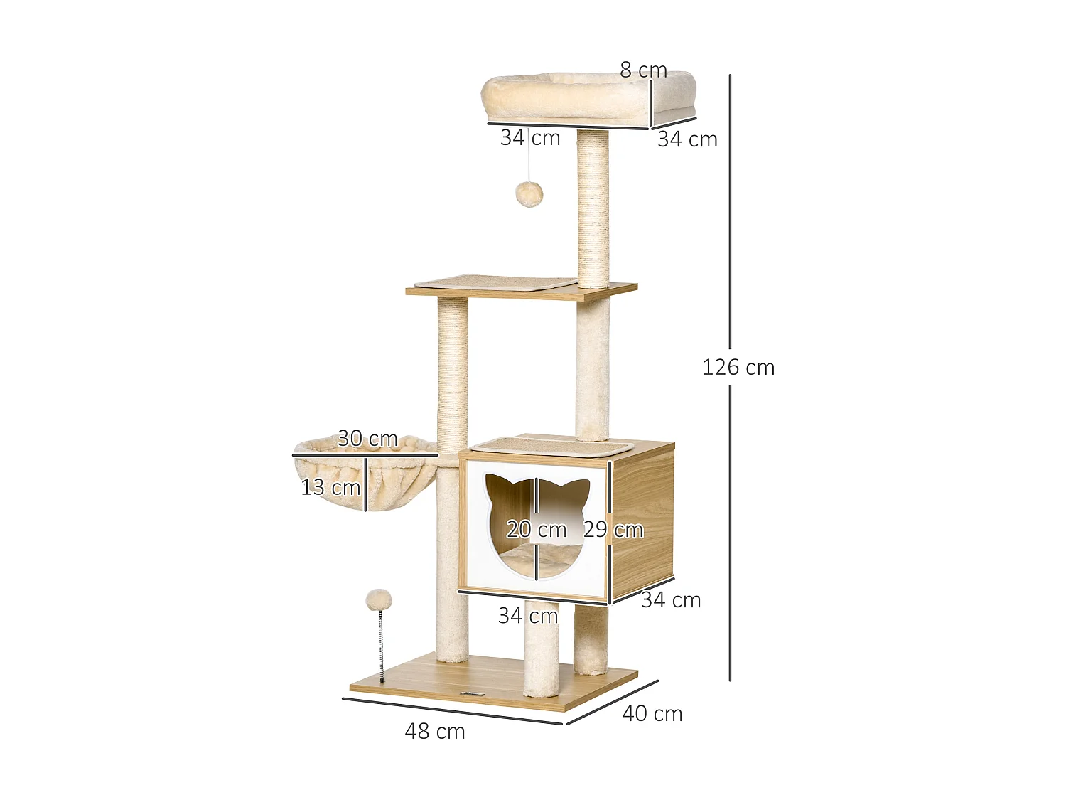 Arbre à chat multi-équipement griffoirs grattoirs niche hamac panier coussins amovibles H126 cm peluche courte sisal naturel beige