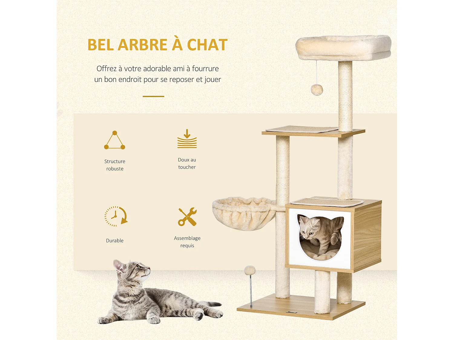 Arbre à chat multi-équipement griffoirs grattoirs niche hamac panier coussins amovibles H126 cm peluche courte sisal naturel beige