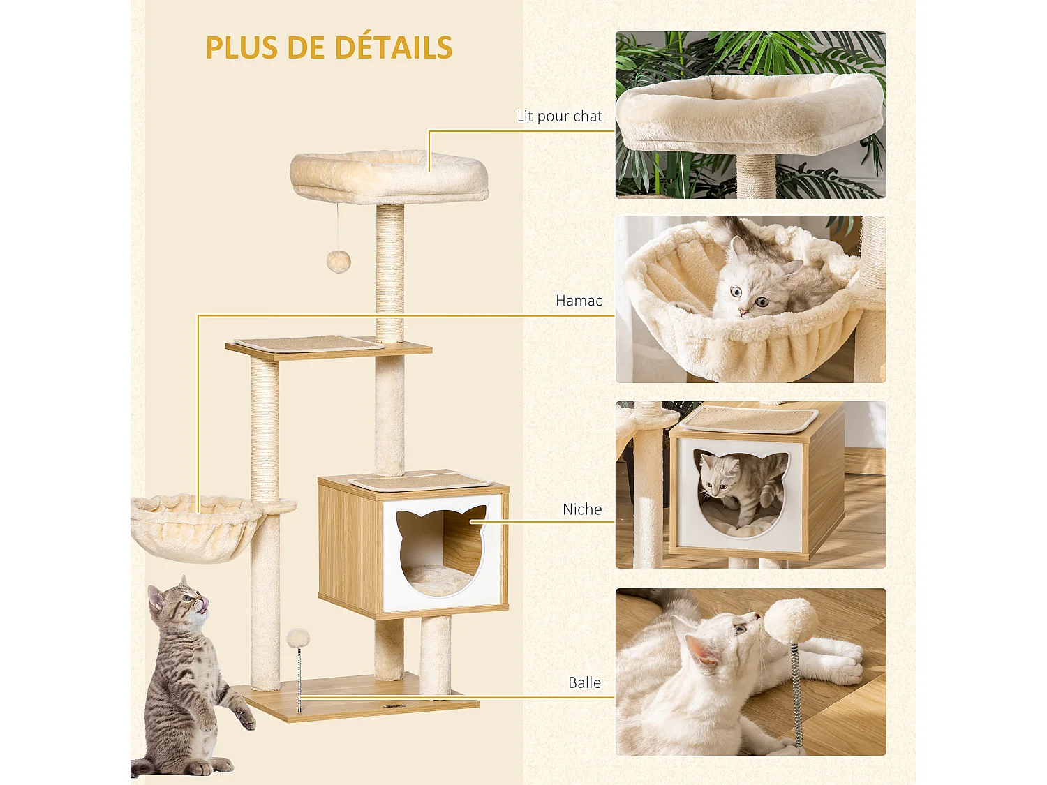 Arbre à chat multi-équipement griffoirs grattoirs niche hamac panier coussins amovibles H126 cm peluche courte sisal naturel beige