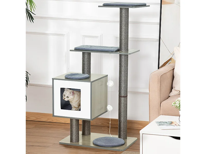 Arbre à chats design contemporain griffoirs grattoirs sisal naturel centre d'activités niche plate-formes jeu boules suspendues 71L x 49l x 120H cm MDF hêtre gris