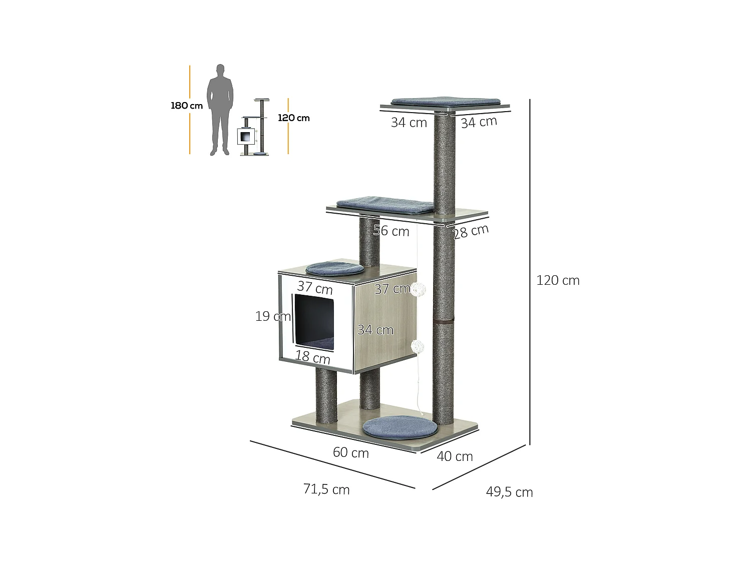 Arbre à chats design contemporain griffoirs grattoirs sisal naturel centre d'activités niche plate-formes jeu boules suspendues 71L x 49l x 120H cm MDF hêtre gris