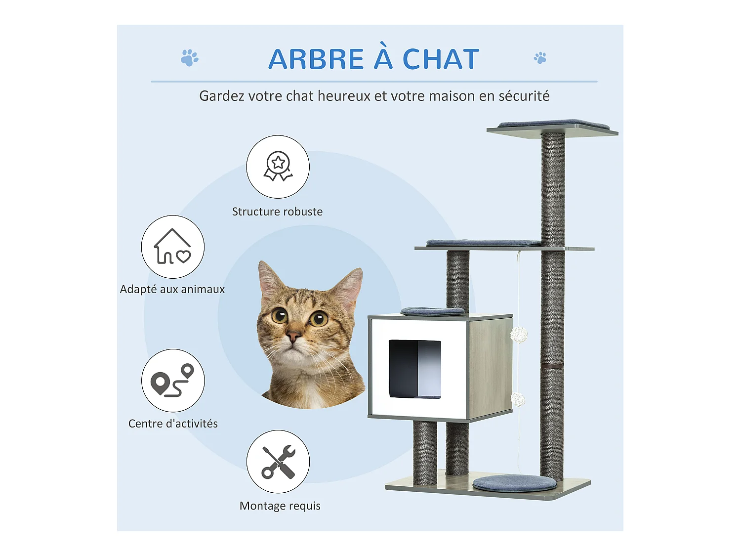 Arbre à chats design contemporain griffoirs grattoirs sisal naturel centre d'activités niche plate-formes jeu boules suspendues 71L x 49l x 120H cm MDF hêtre gris