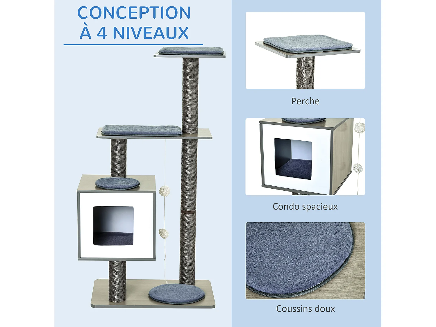 Arbre à chats design contemporain griffoirs grattoirs sisal naturel centre d'activités niche plate-formes jeu boules suspendues 71L x 49l x 120H cm MDF hêtre gris