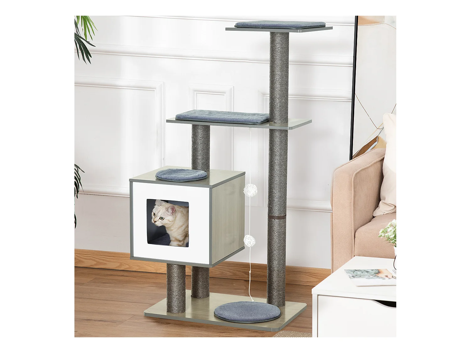 Arbre à chats design contemporain griffoirs grattoirs sisal naturel centre d'activités niche plate-formes jeu boules suspendues 71L x 49l x 120H cm MDF hêtre gris