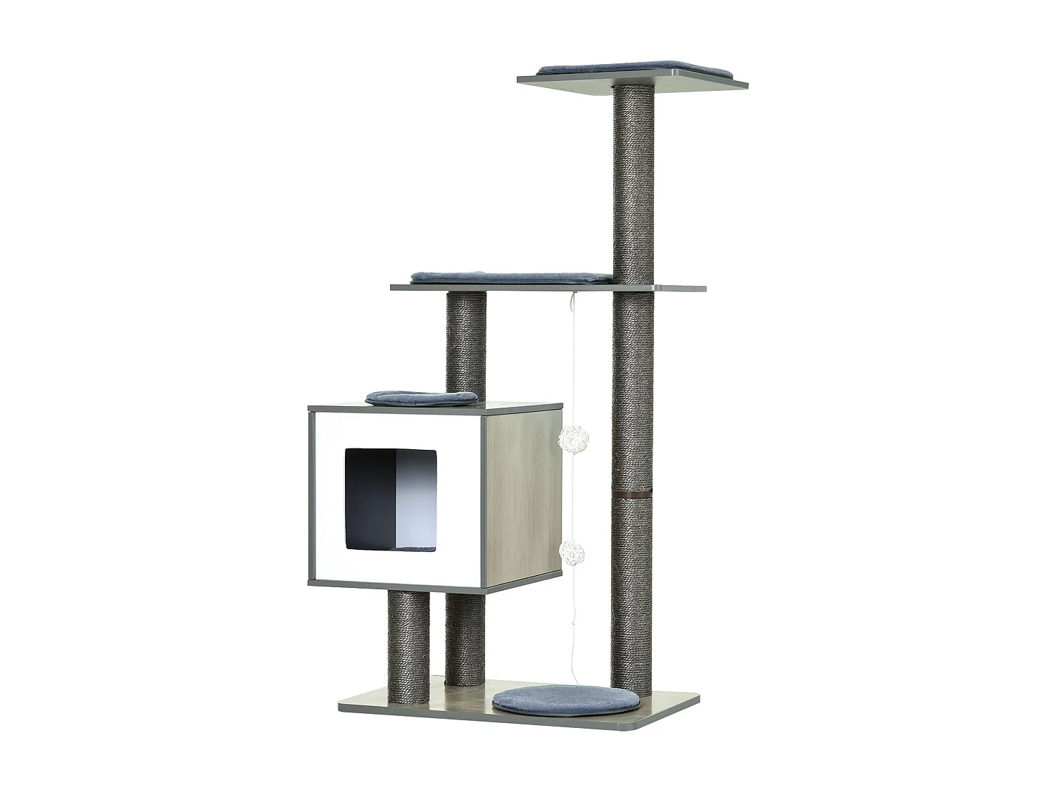 Arbre à chats design contemporain griffoirs grattoirs sisal naturel centre d'activités niche plate-formes jeu boules suspendues 71L x 49l x 120H cm MDF hêtre gris