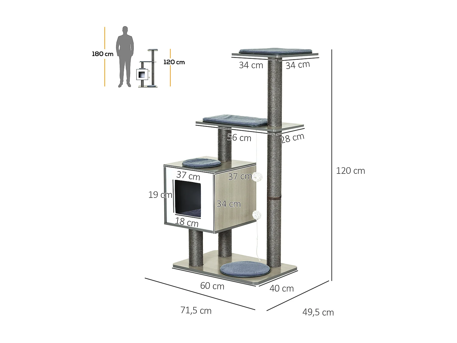 Arbre à chats design contemporain griffoirs grattoirs sisal naturel centre d'activités niche plate-formes jeu boules suspendues 71L x 49l x 120H cm MDF hêtre gris