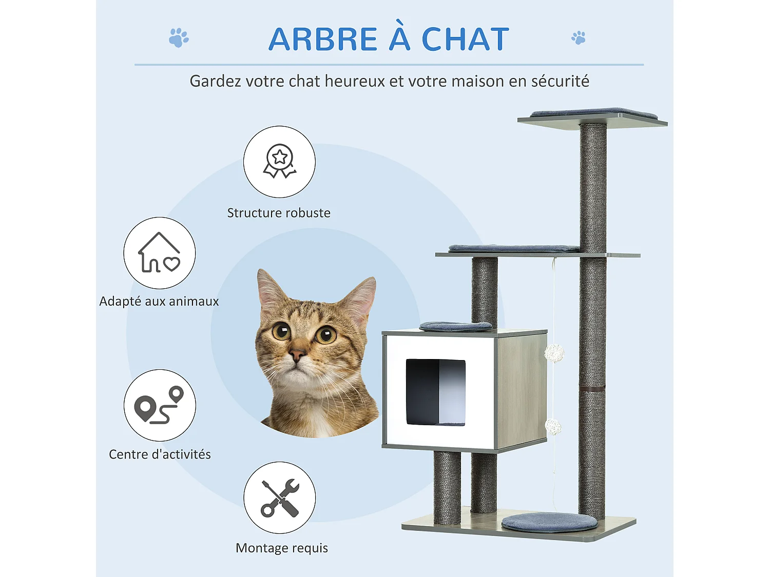 Arbre à chats design contemporain griffoirs grattoirs sisal naturel centre d'activités niche plate-formes jeu boules suspendues 71L x 49l x 120H cm MDF hêtre gris