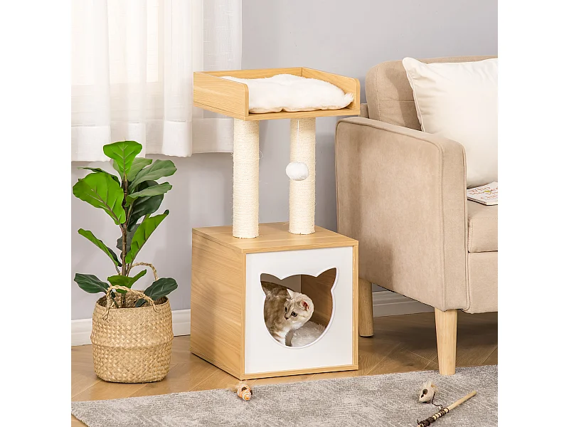 Arbre à chat 2 griffoirs niche entrée tête de chat plateforme d'observation jouet suspendu coussins amovibles peluche grande douceur aspect bois clair