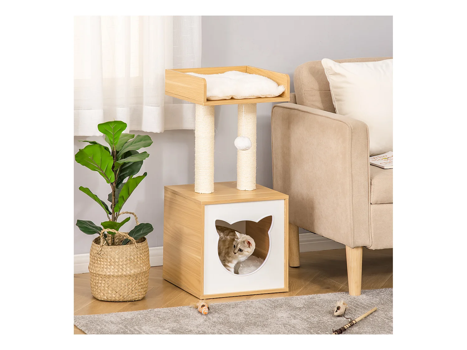 Arbre à chat 2 griffoirs niche entrée tête de chat plateforme d'observation jouet suspendu coussins amovibles peluche grande douceur aspect bois clair
