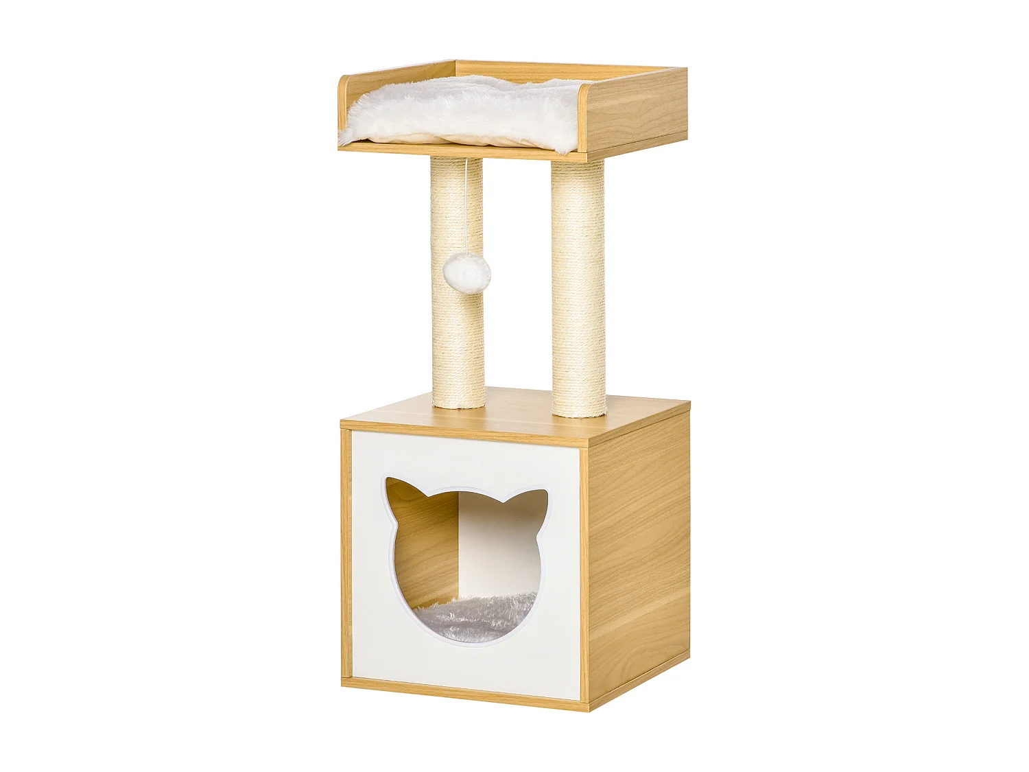 Arbre à chat 2 griffoirs niche entrée tête de chat plateforme d'observation jouet suspendu coussins amovibles peluche grande douceur aspect bois clair